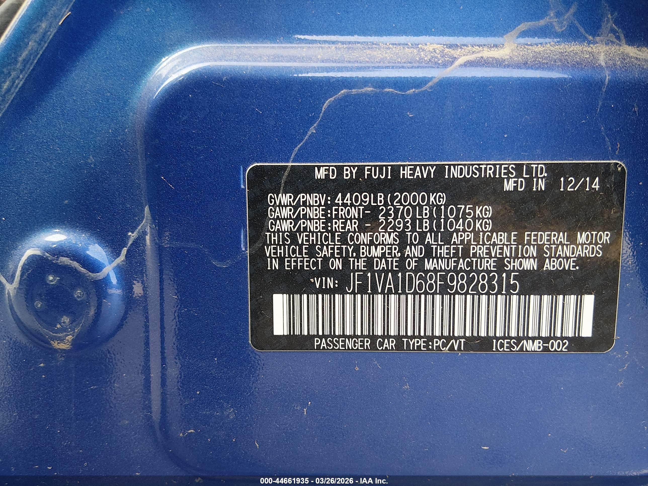2015 Subaru Wrx Premium Blue vin: JF1VA1D68F9828315