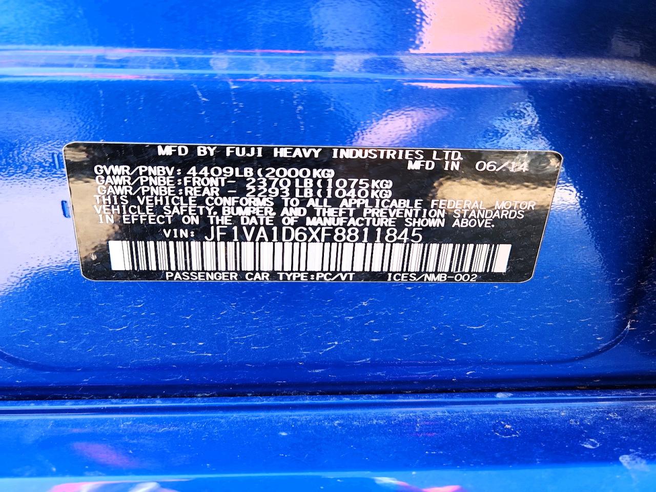 2015 Subaru Wrx Premium Blue vin: JF1VA1D6XF8811845