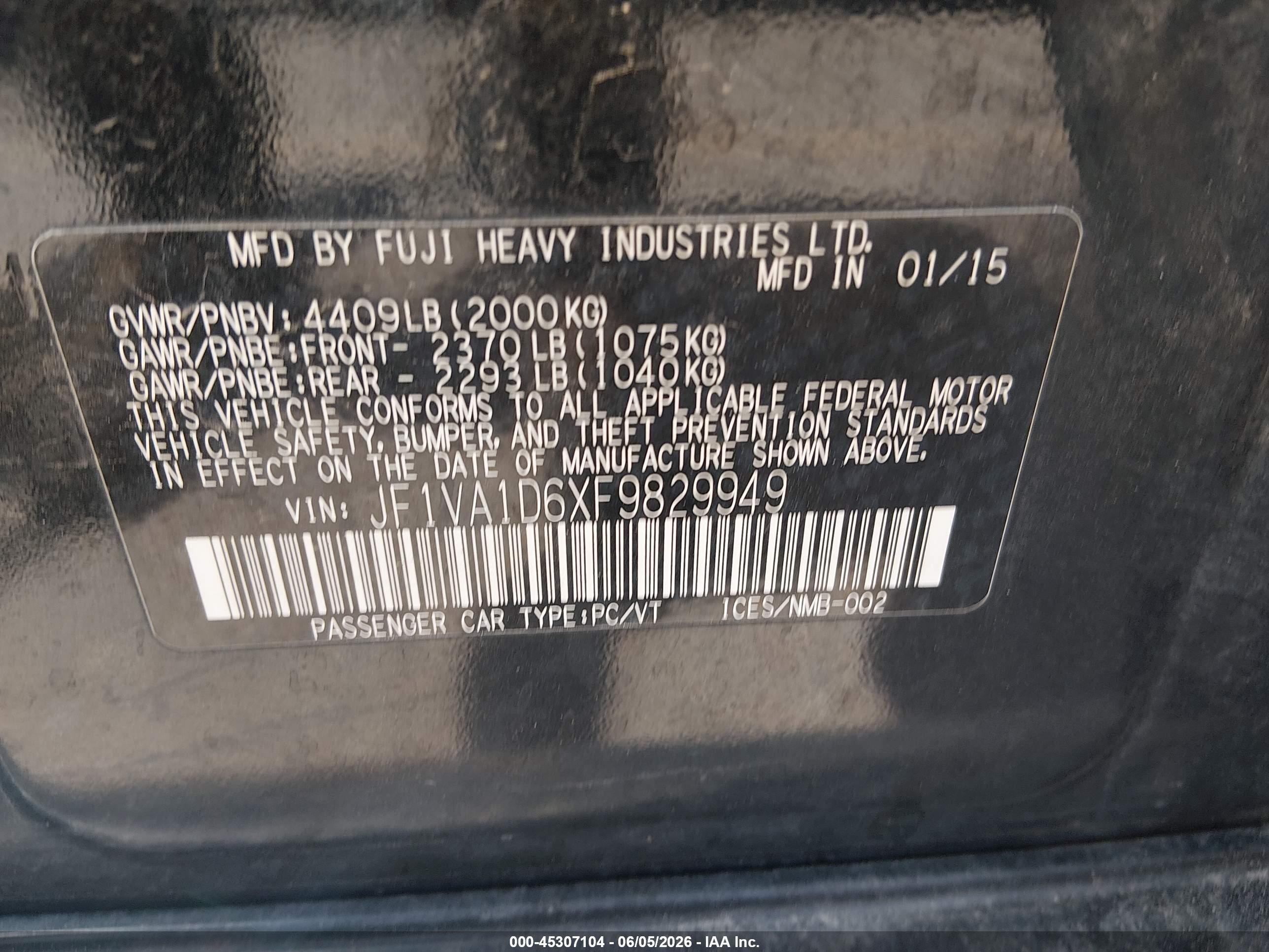 2015 Subaru Wrx Premium Black vin: JF1VA1D6XF9829949