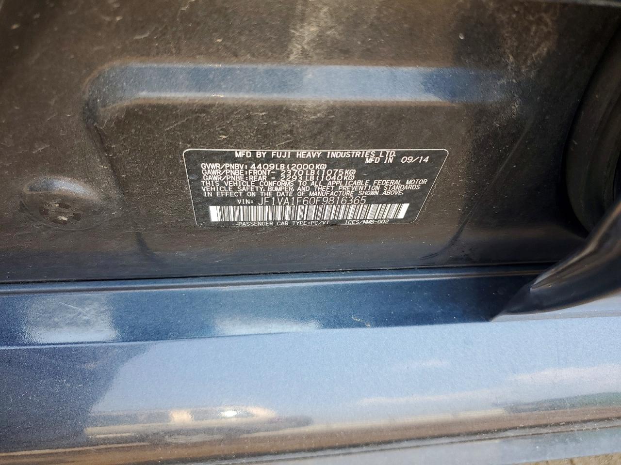2015 Subaru Wrx Premium Charcoal vin: JF1VA1F60F9816365