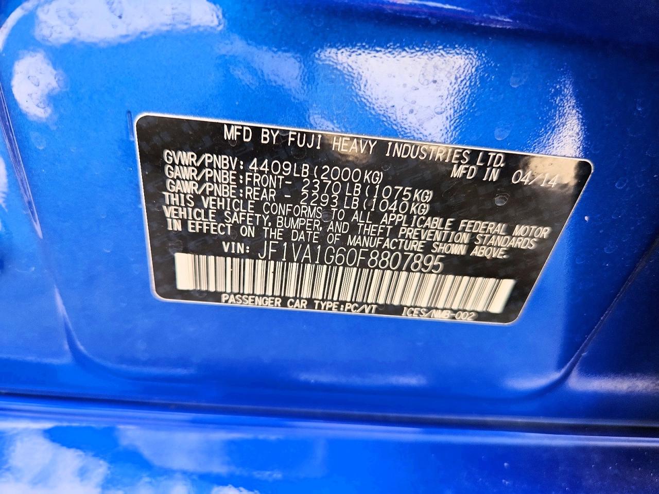 2015 Subaru Wrx Limited Blue vin: JF1VA1G60F8807895