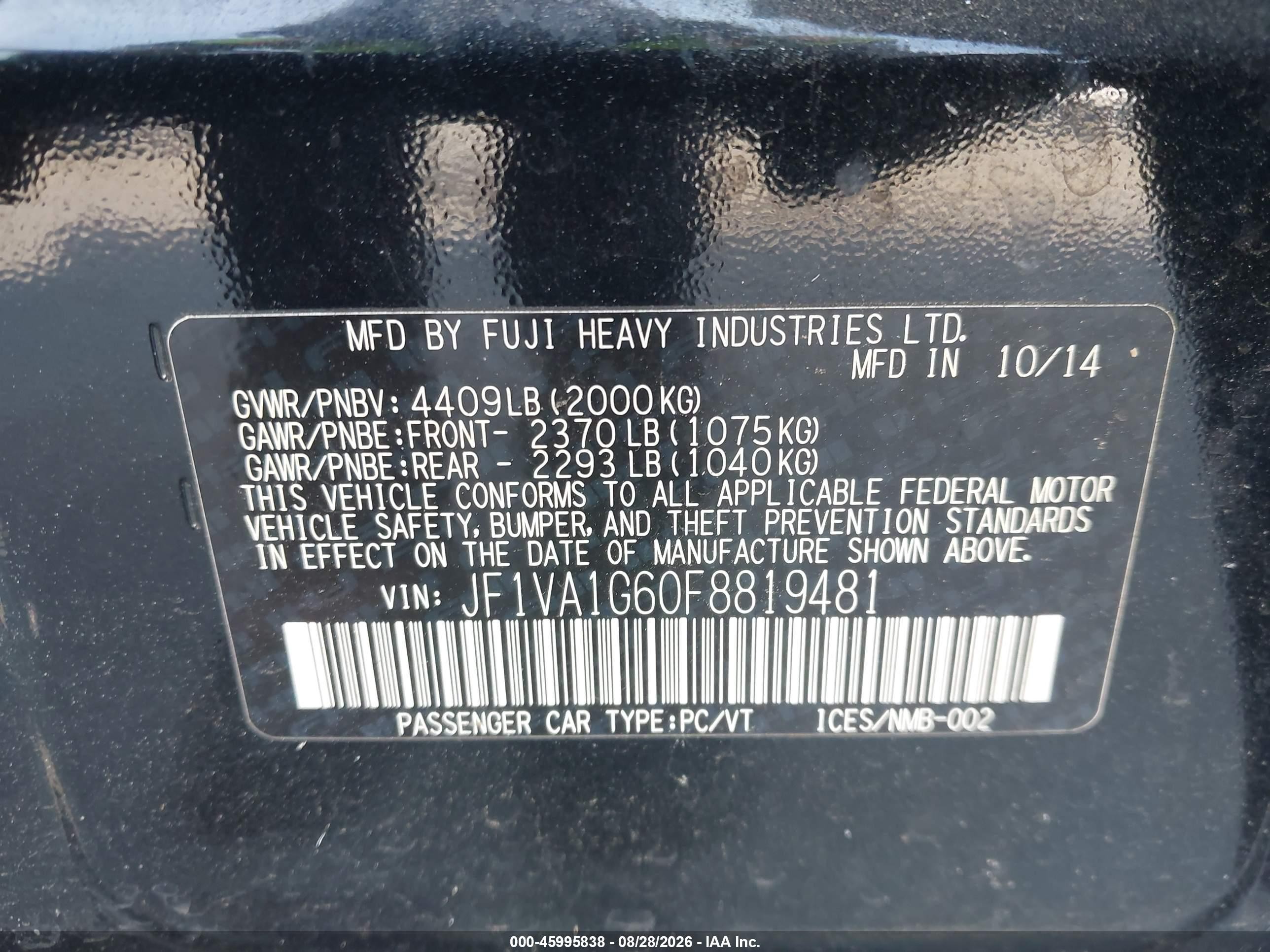 2015 Subaru Wrx Limited Black vin: JF1VA1G60F8819481
