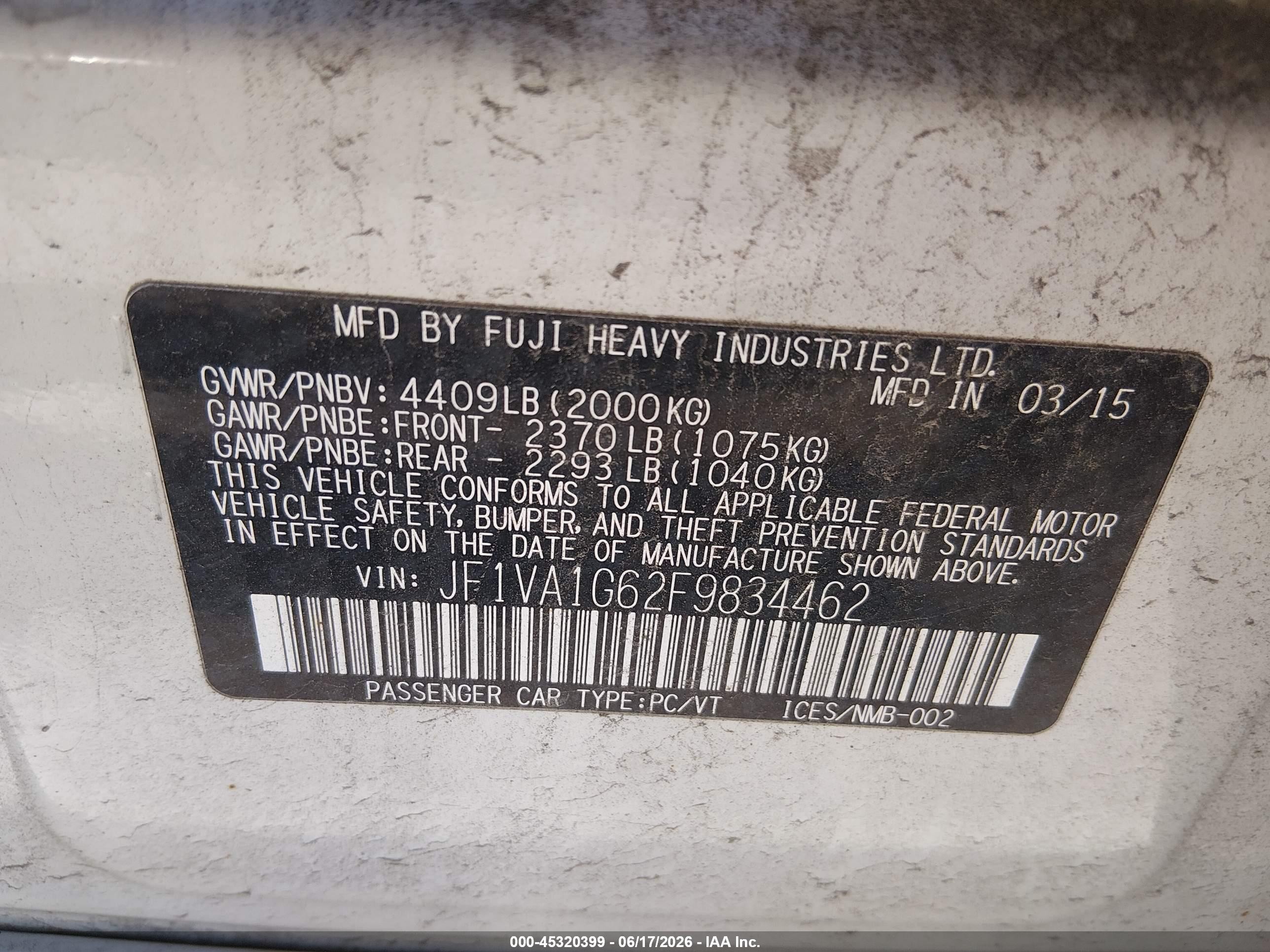 2015 Subaru Wrx Limited Белый vin: JF1VA1G62F9834462