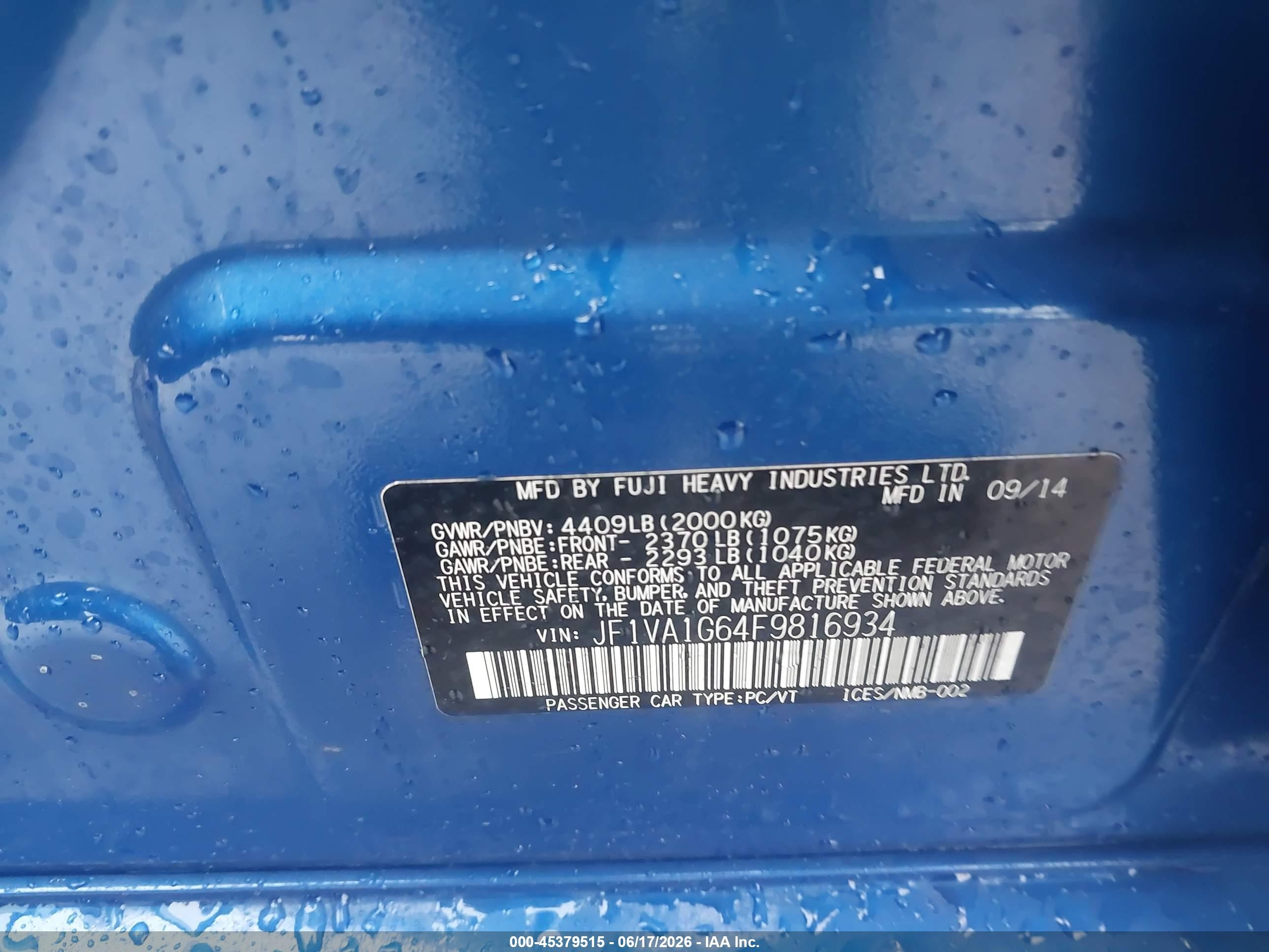 2015 Subaru Wrx Limited Blue vin: JF1VA1G64F9816934