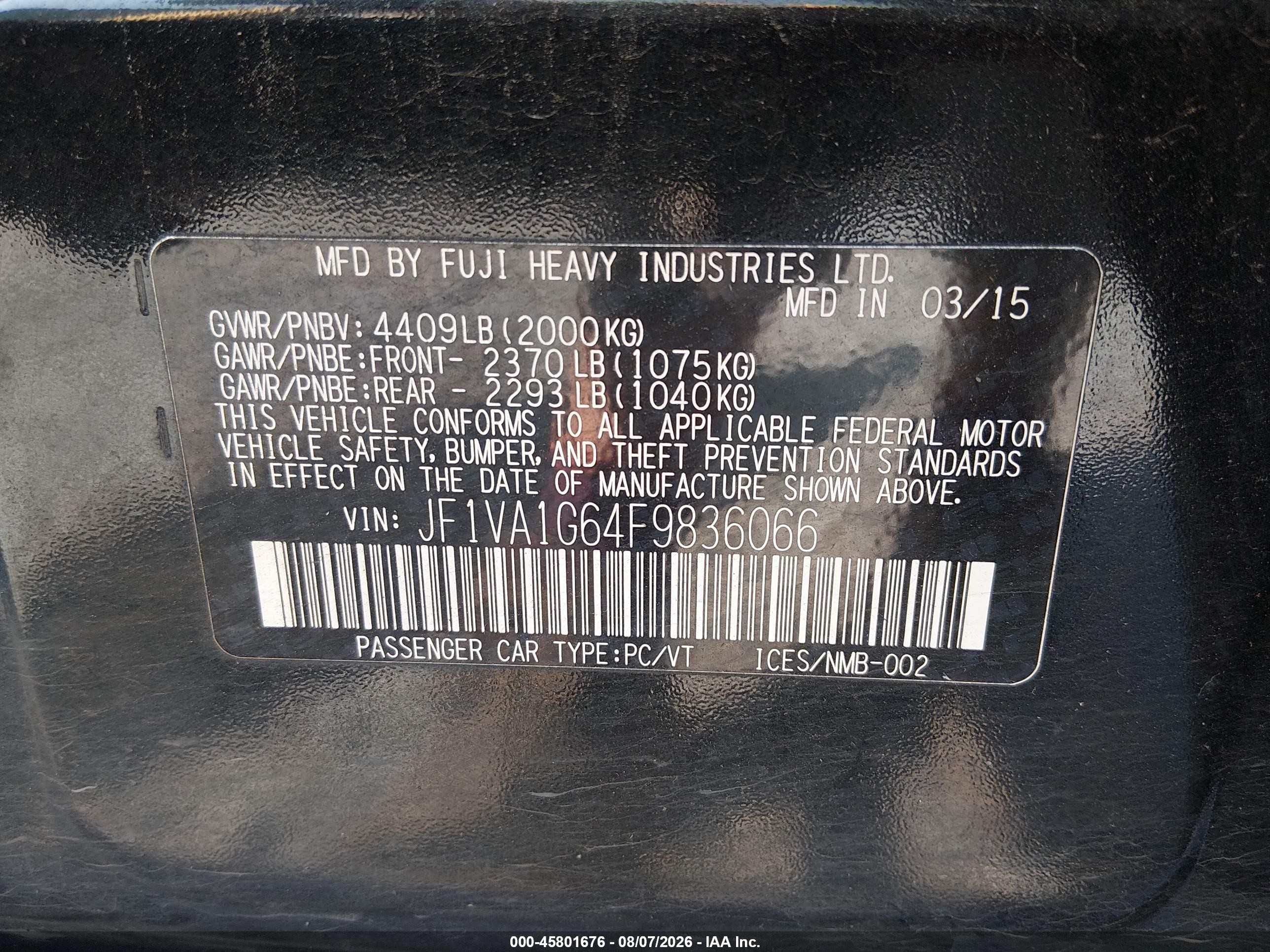 2015 Subaru Wrx Limited Черный vin: JF1VA1G64F9836066
