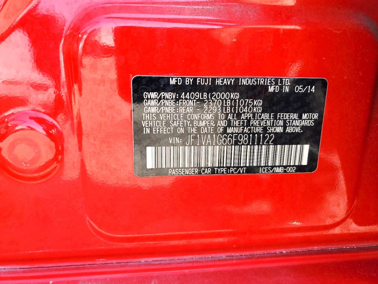 2015 Subaru Wrx Limited Red vin: JF1VA1G66F9811122
