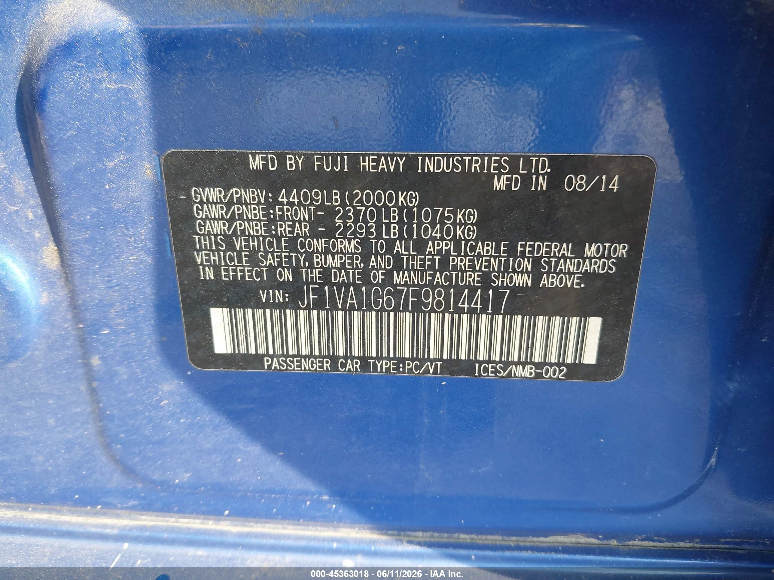2015 Subaru Wrx Limited Blue vin: JF1VA1G67F9814417