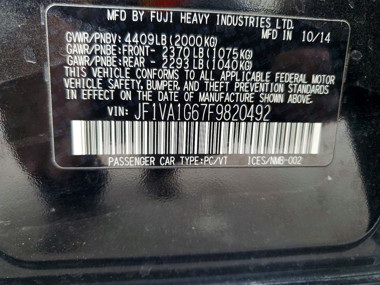 2015 Subaru Wrx Limited Black vin: JF1VA1G67F9820492