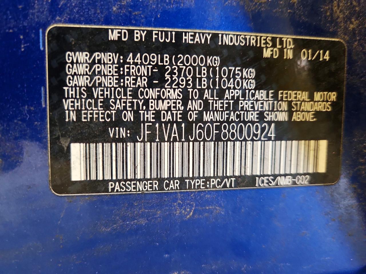 2015 Subaru Wrx Limited Blue vin: JF1VA1J60F8800924