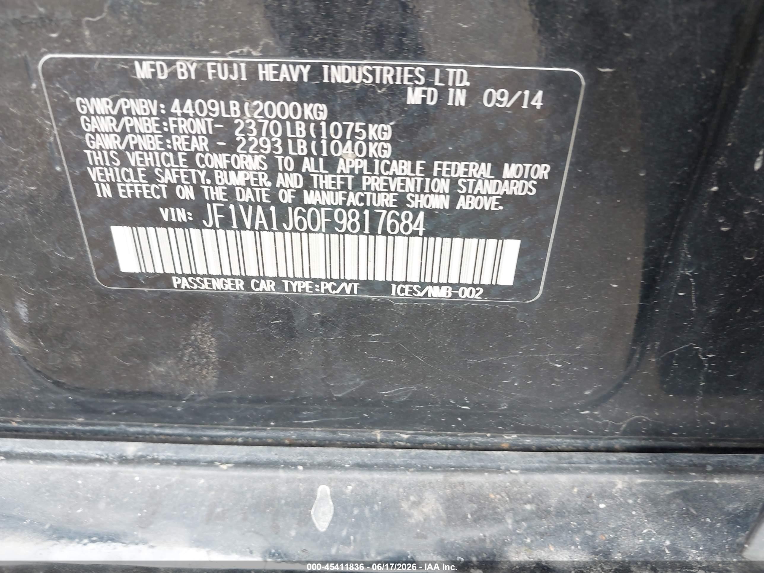 2015 Subaru Wrx Limited Black vin: JF1VA1J60F9817684