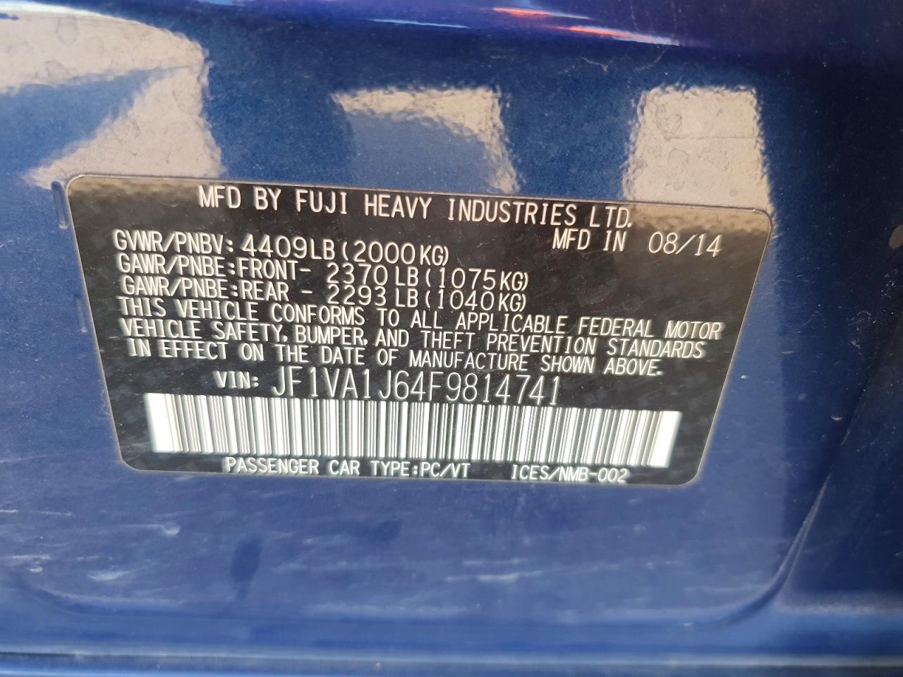 2015 Subaru Wrx Limited Blue vin: JF1VA1J64F9814741