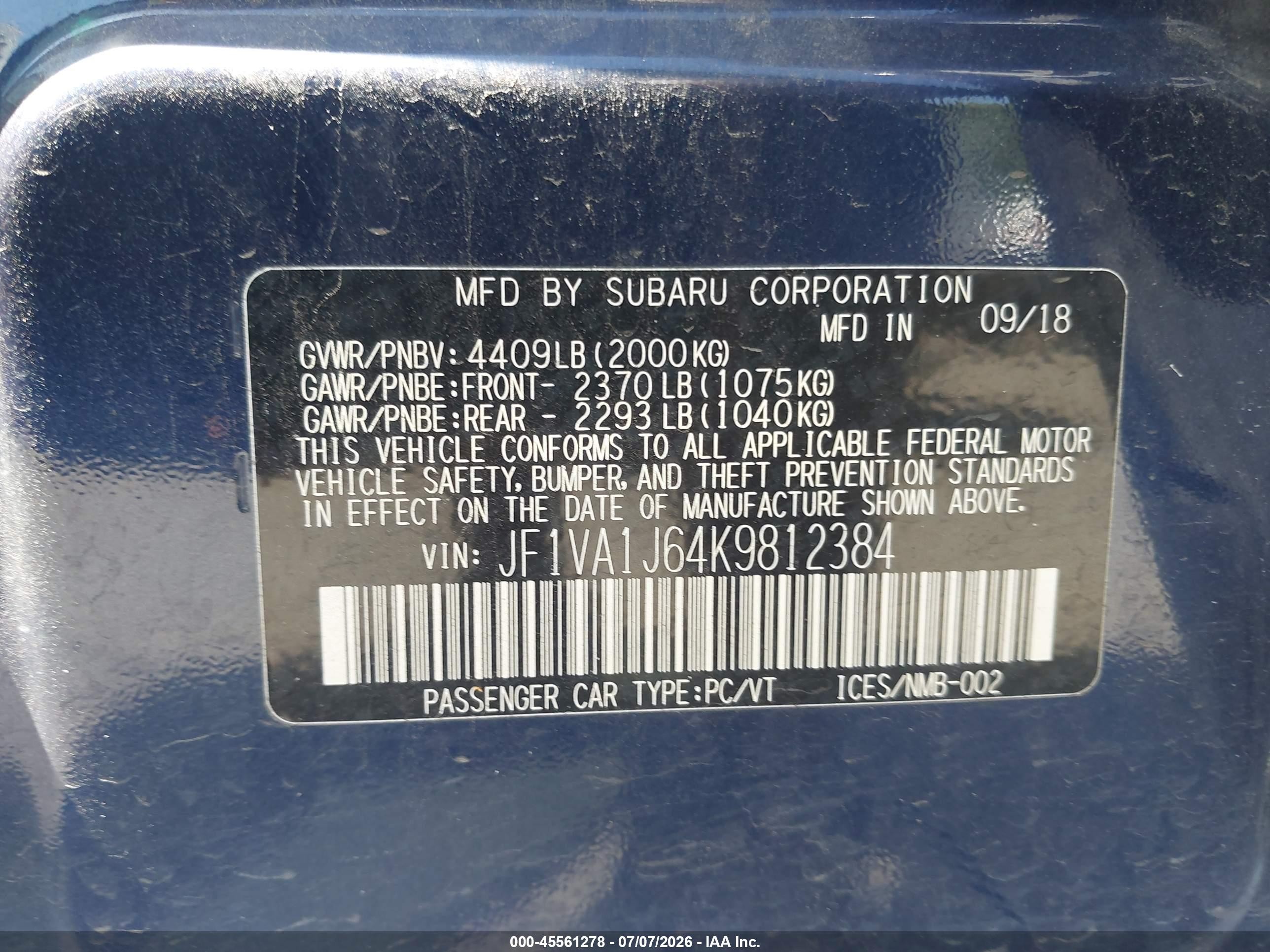 2019 Subaru Wrx Limited Синий vin: JF1VA1J64K9812384