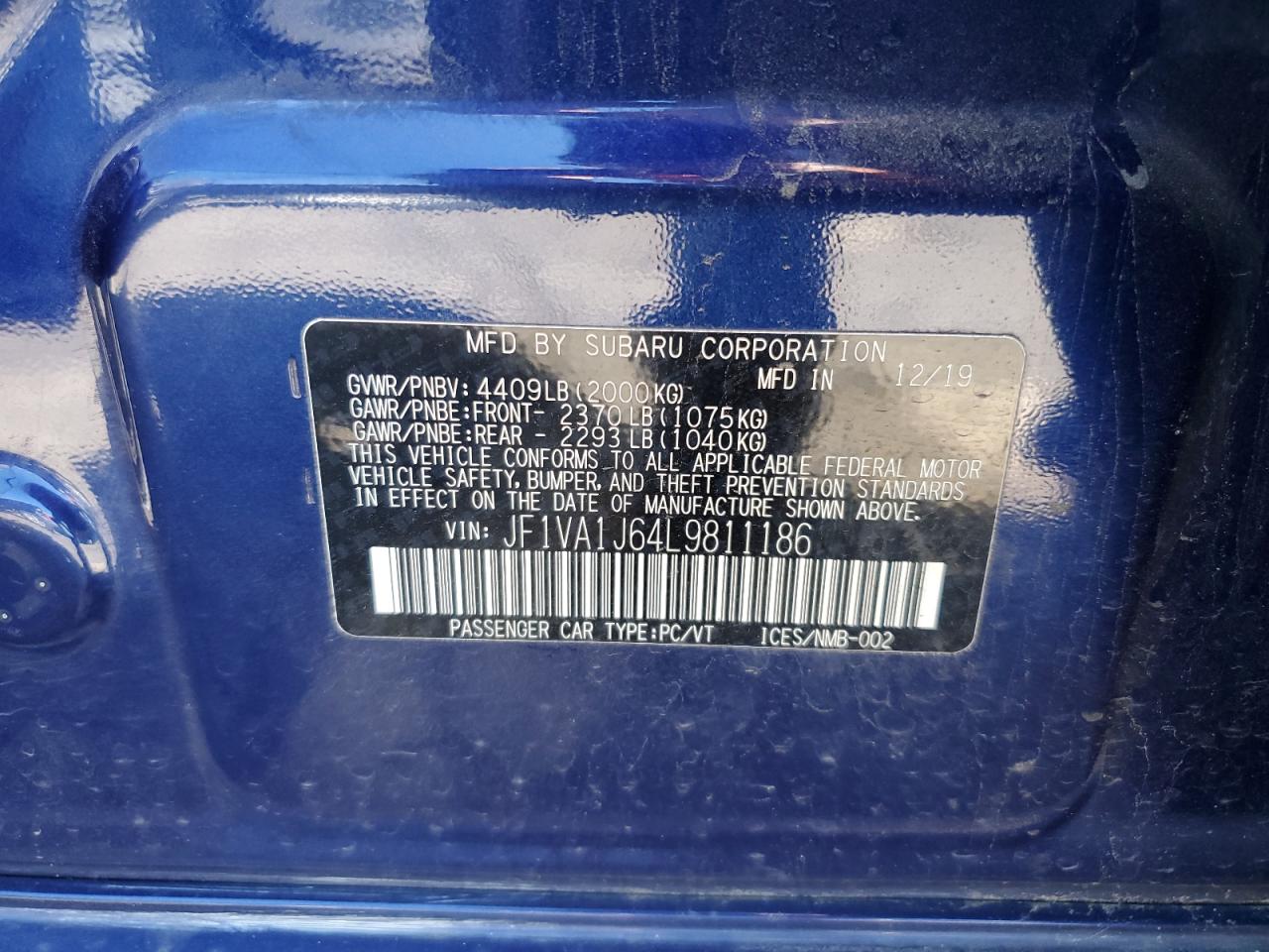2020 Subaru Wrx Limited Blue vin: JF1VA1J64L9811186