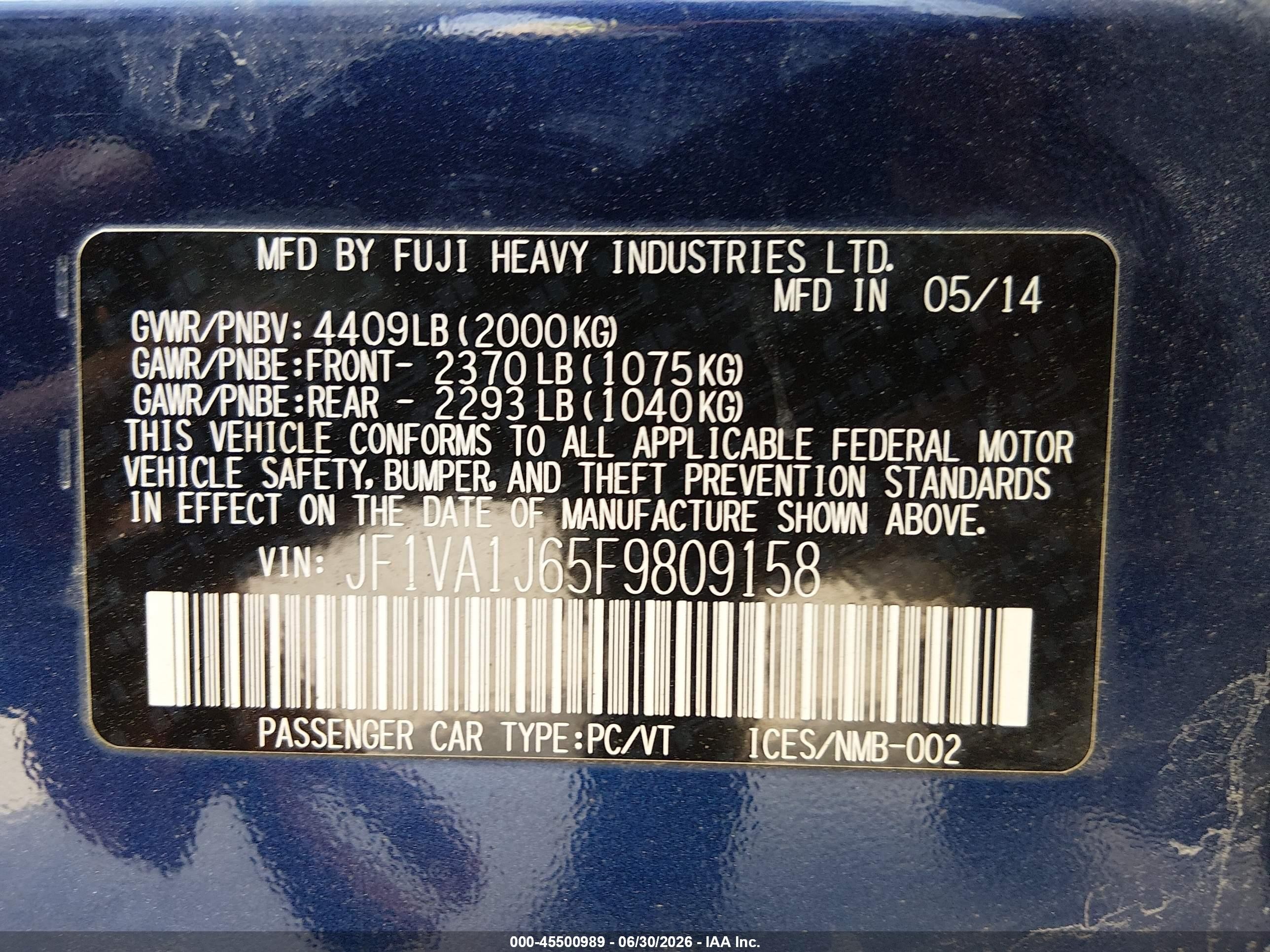 2015 Subaru Wrx Limited Blue vin: JF1VA1J65F9809158