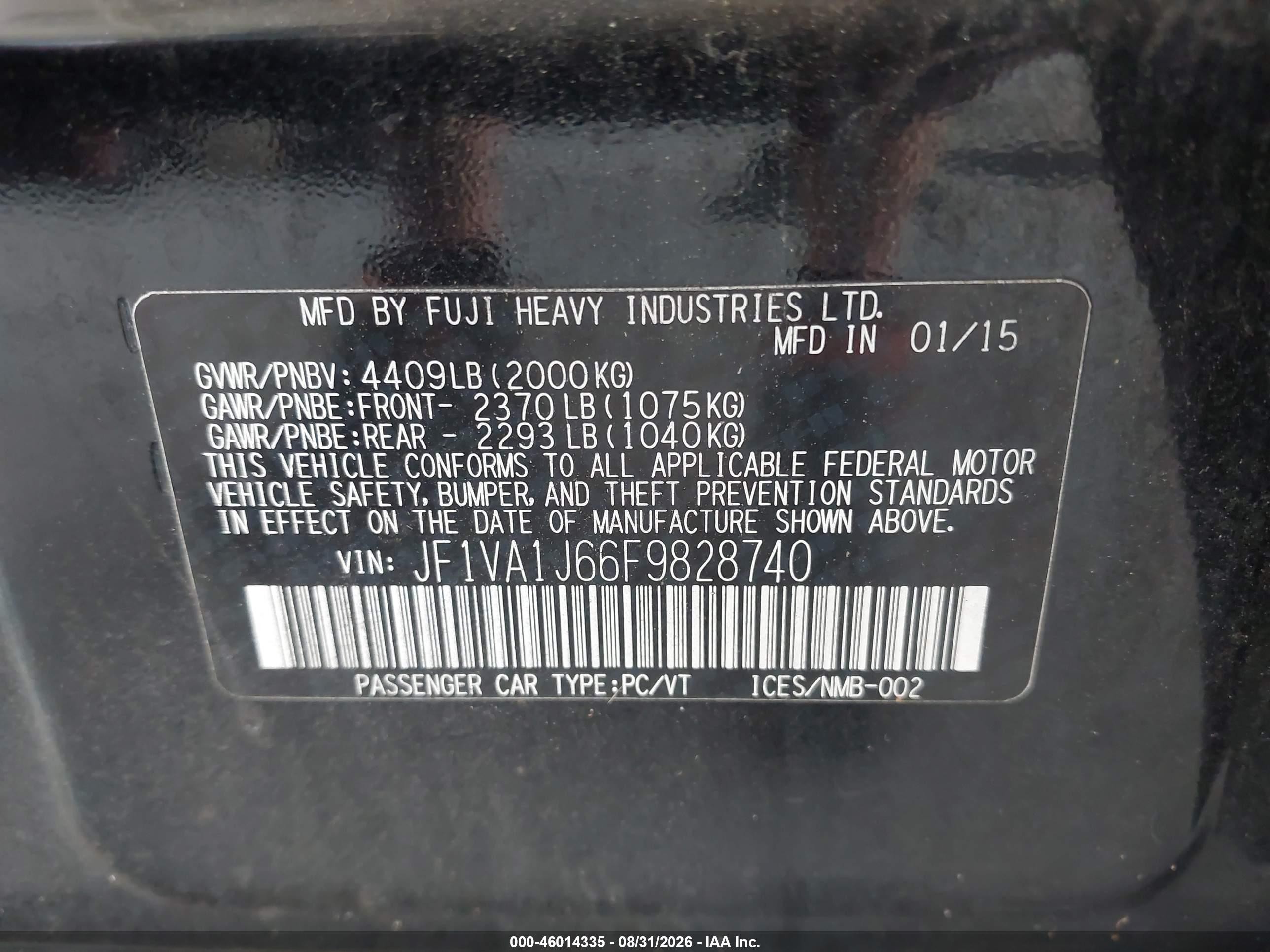 2015 Subaru Wrx Limited Black vin: JF1VA1J66F9828740