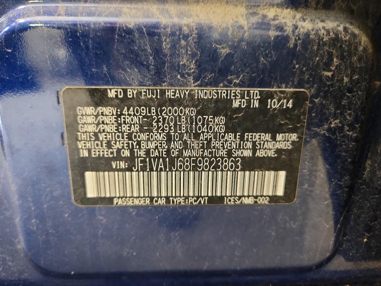 2015 Subaru Wrx Limited Blue vin: JF1VA1J68F9823863