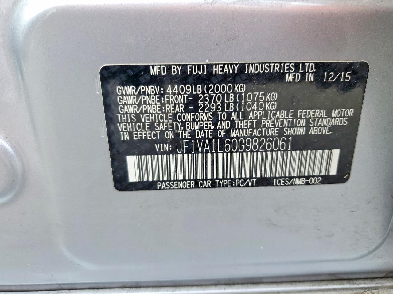 2016 Subaru Wrx Limited Silver vin: JF1VA1L60G9826061