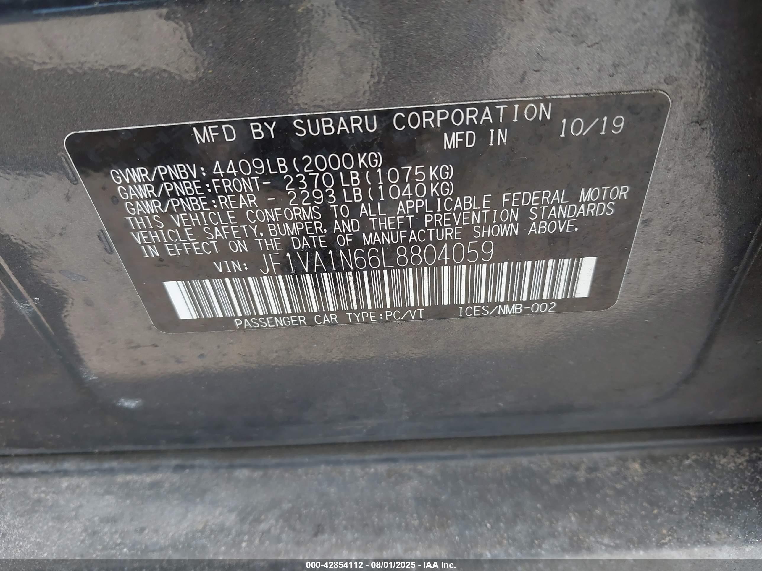 2020 Subaru Wrx Limited Gray vin: JF1VA1N66L8804059