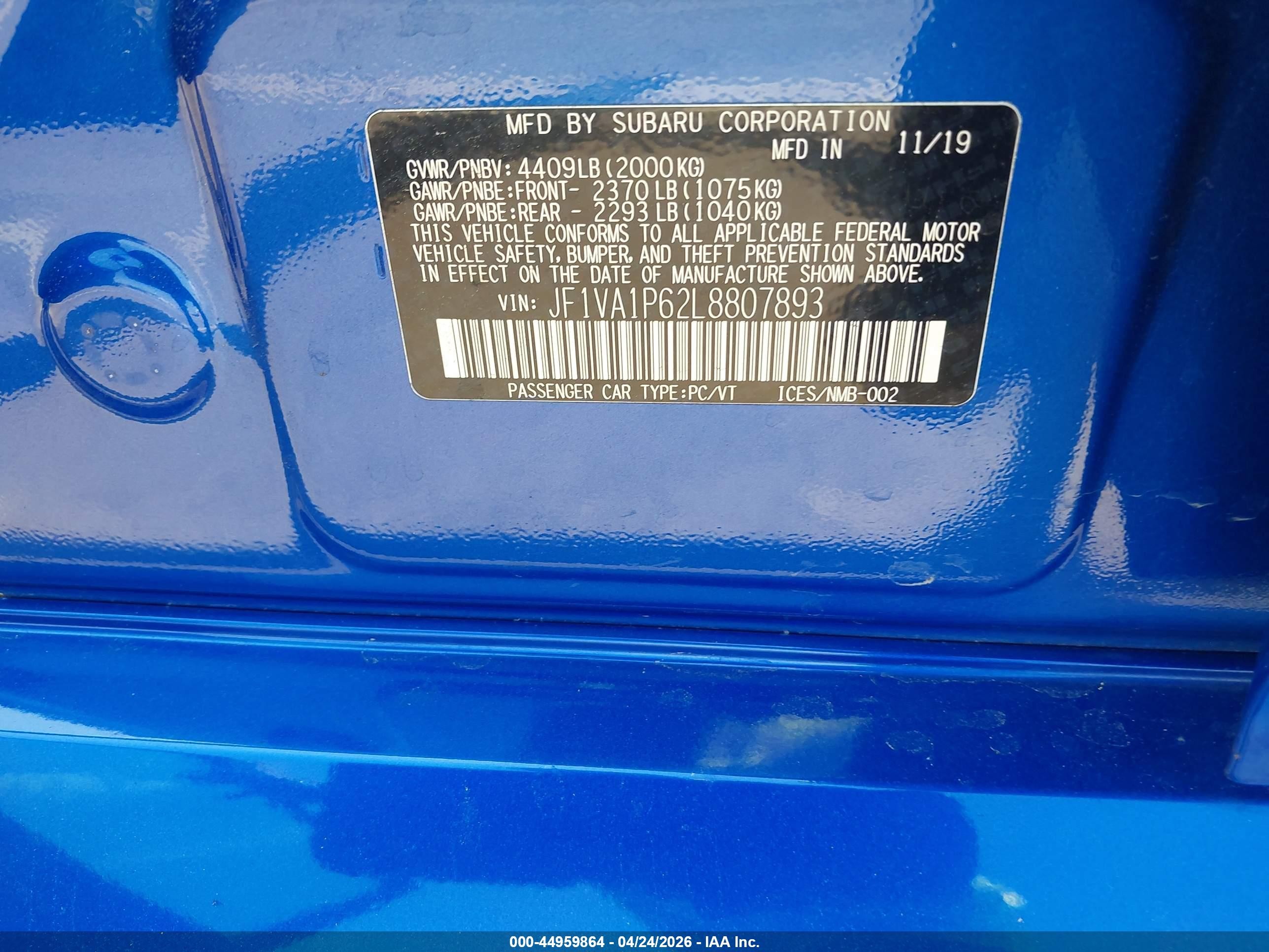 2020 Subaru Wrx Limited Blue vin: JF1VA1P62L8807893
