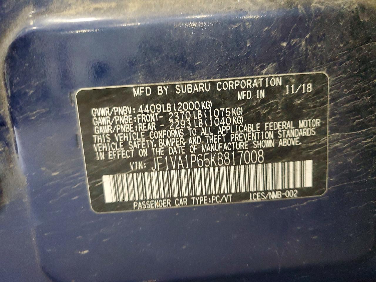 2019 Subaru Wrx Limited Синий vin: JF1VA1P65K8817008