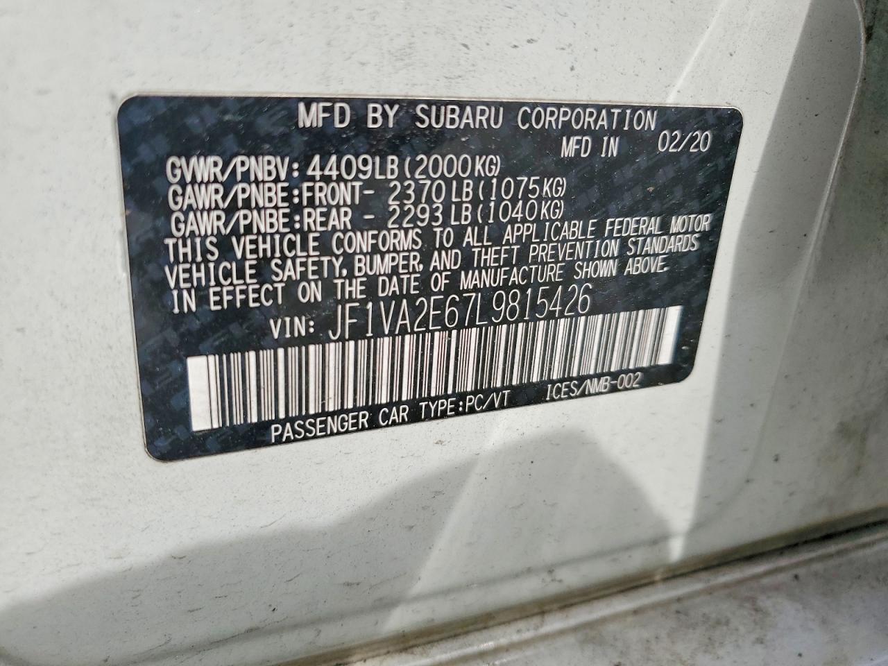 2020 Subaru Wrx Sti White vin: JF1VA2E67L9815426