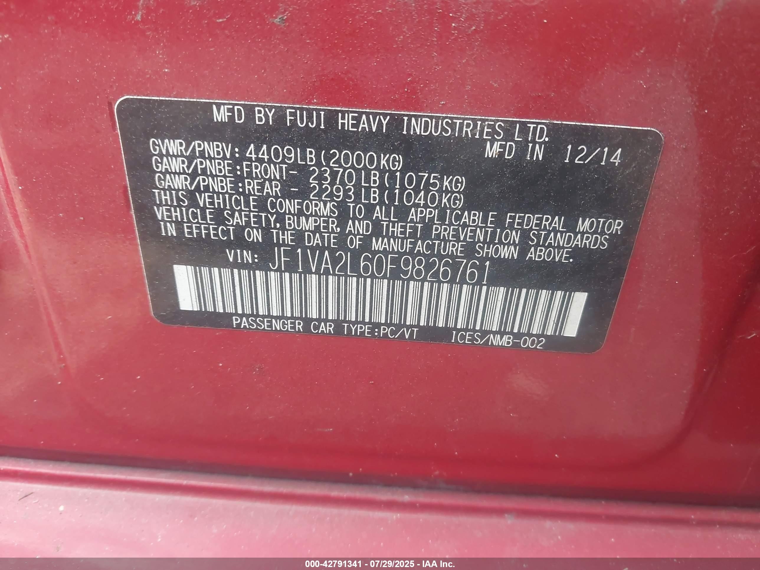 2015 Subaru Wrx Sti   Красный vin: JF1VA2L60F9826761