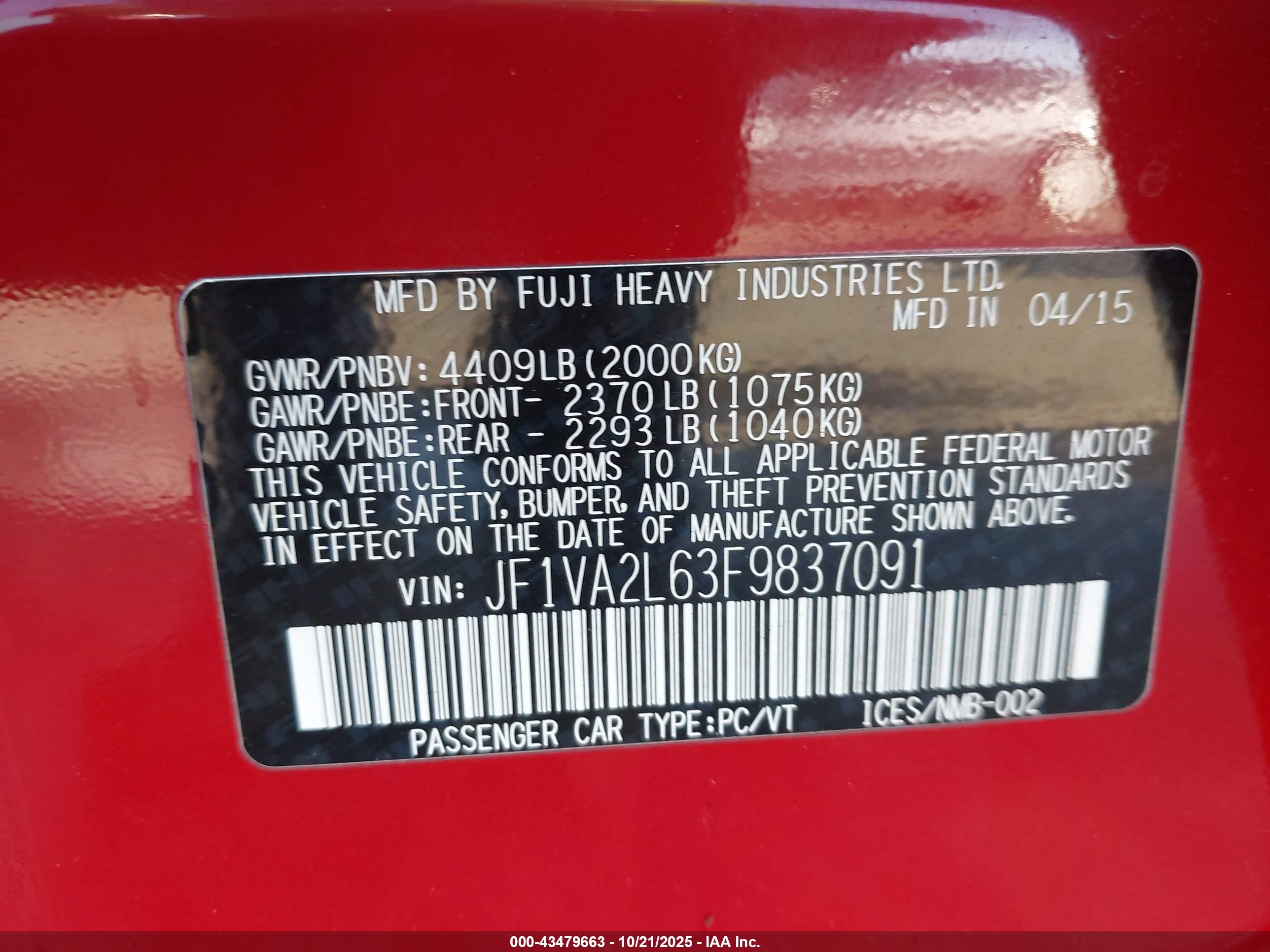 2015 Subaru Wrx Sti   Red vin: JF1VA2L63F9837091