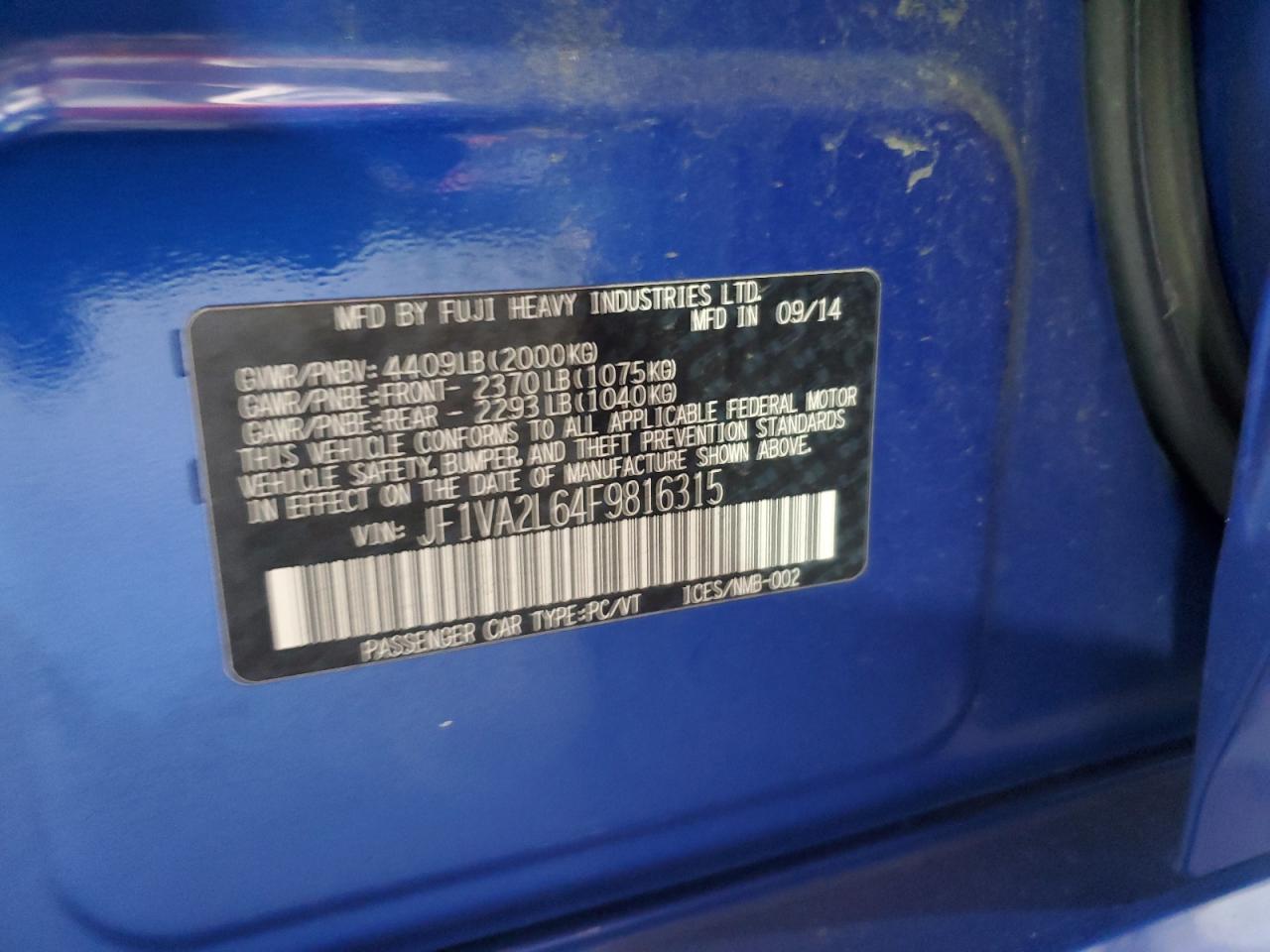 2015 Subaru Wrx Sti Blue vin: JF1VA2L64F9816315