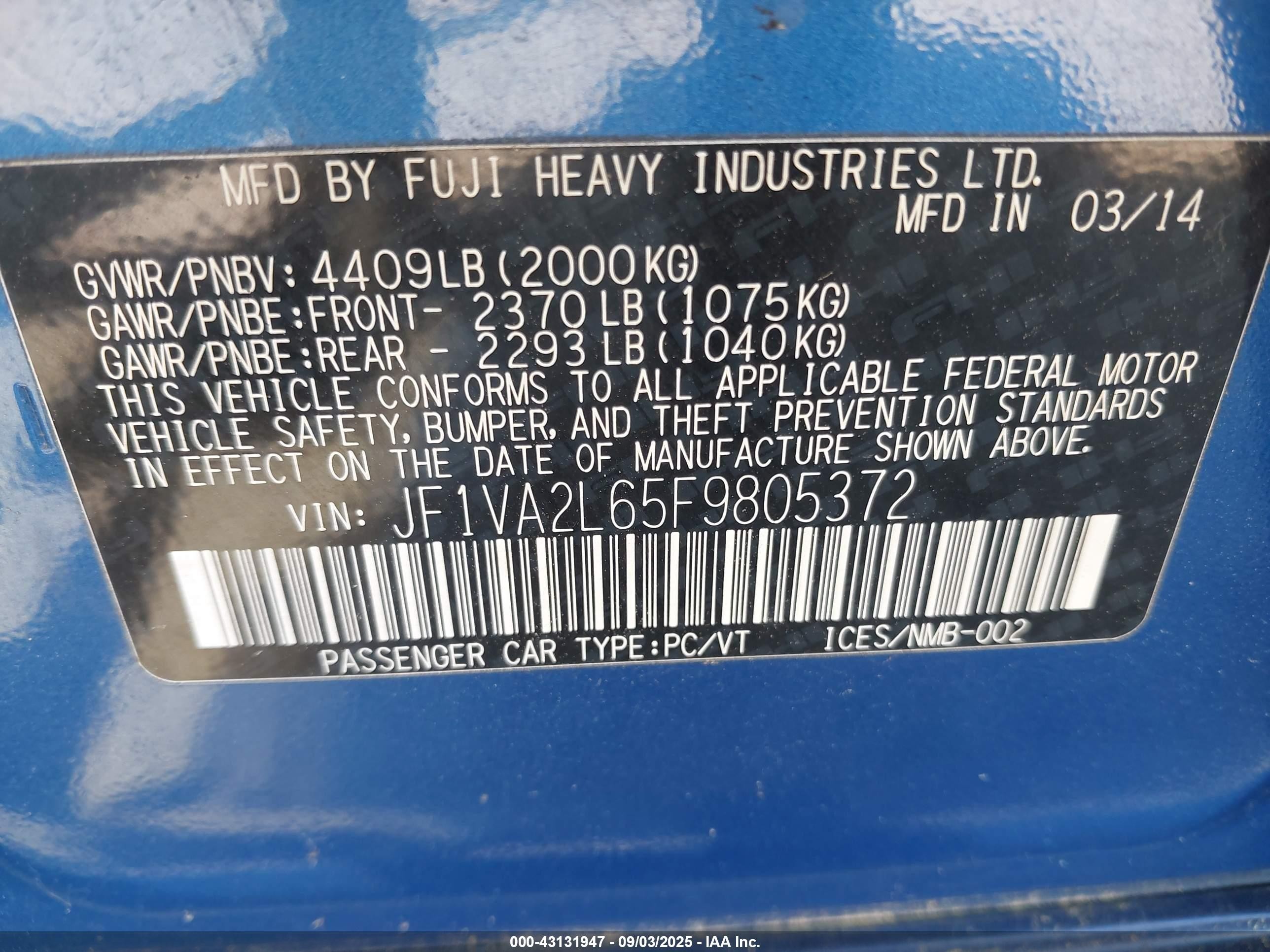 2015 Subaru Wrx Sti   Blue vin: JF1VA2L65F9805372