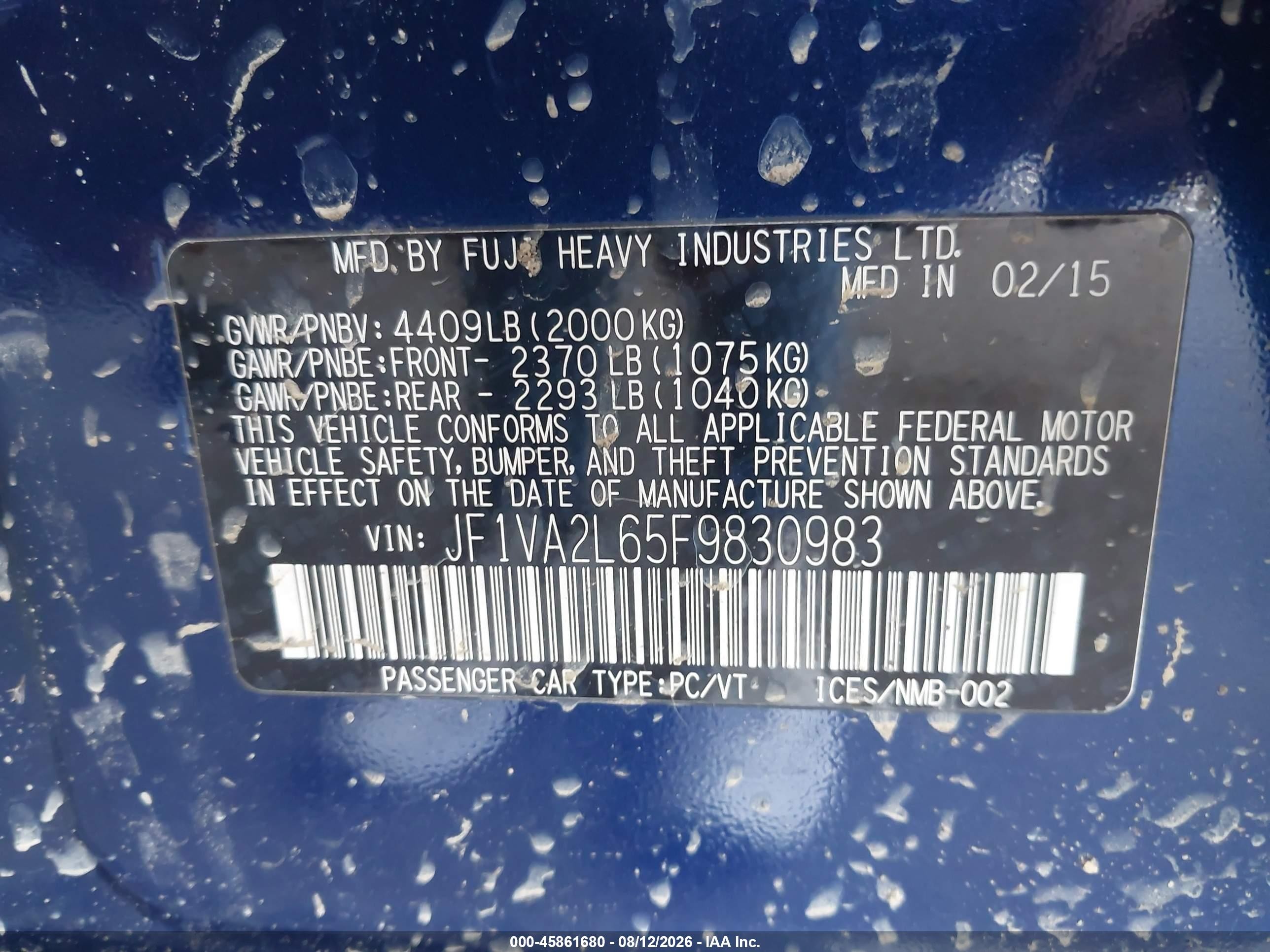 2015 Subaru Wrx Sti   Blue vin: JF1VA2L65F9830983
