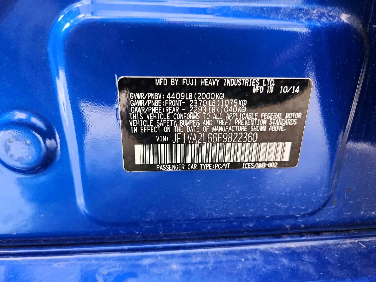 2015 Subaru Wrx Sti Blue vin: JF1VA2L66F9822360