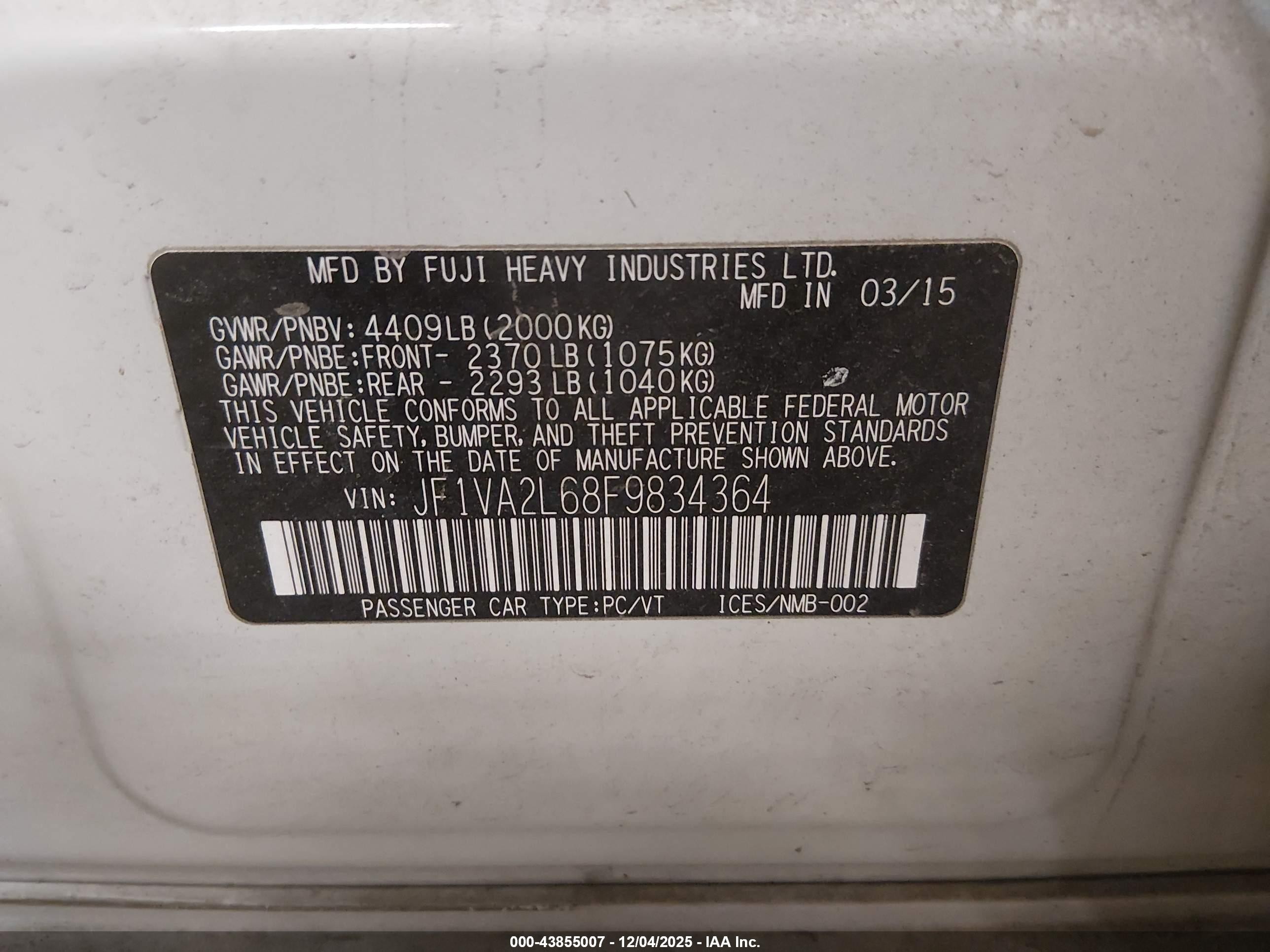 2015 Subaru Wrx Sti   White vin: JF1VA2L68F9834364