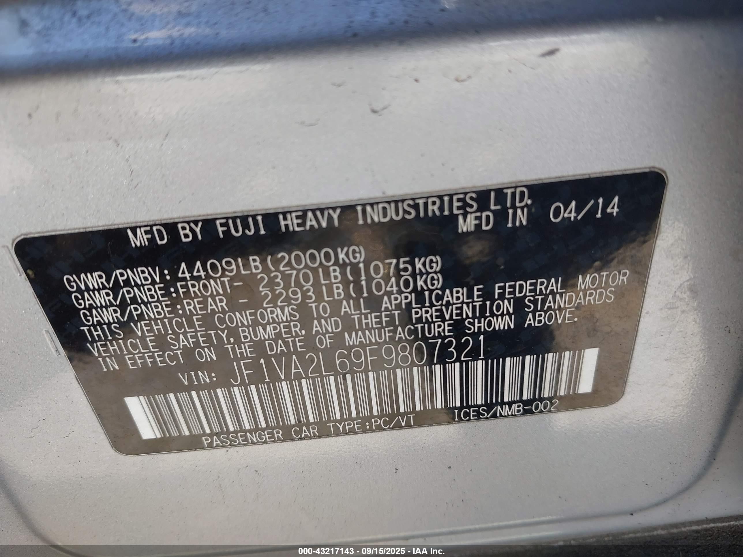 2015 Subaru Wrx Sti Серебряный vin: JF1VA2L69F9807321