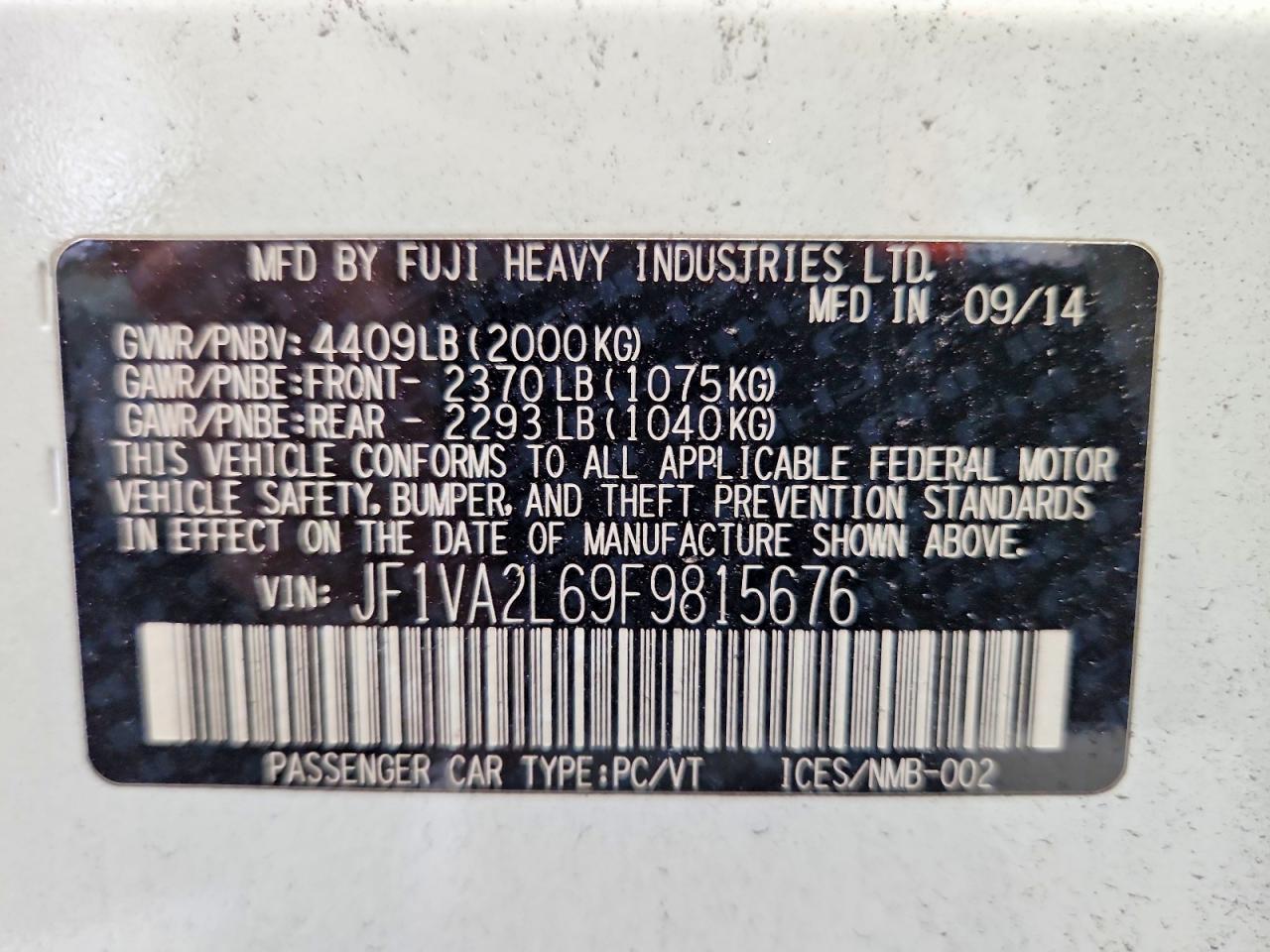 2015 Subaru Wrx Sti White vin: JF1VA2L69F9815676