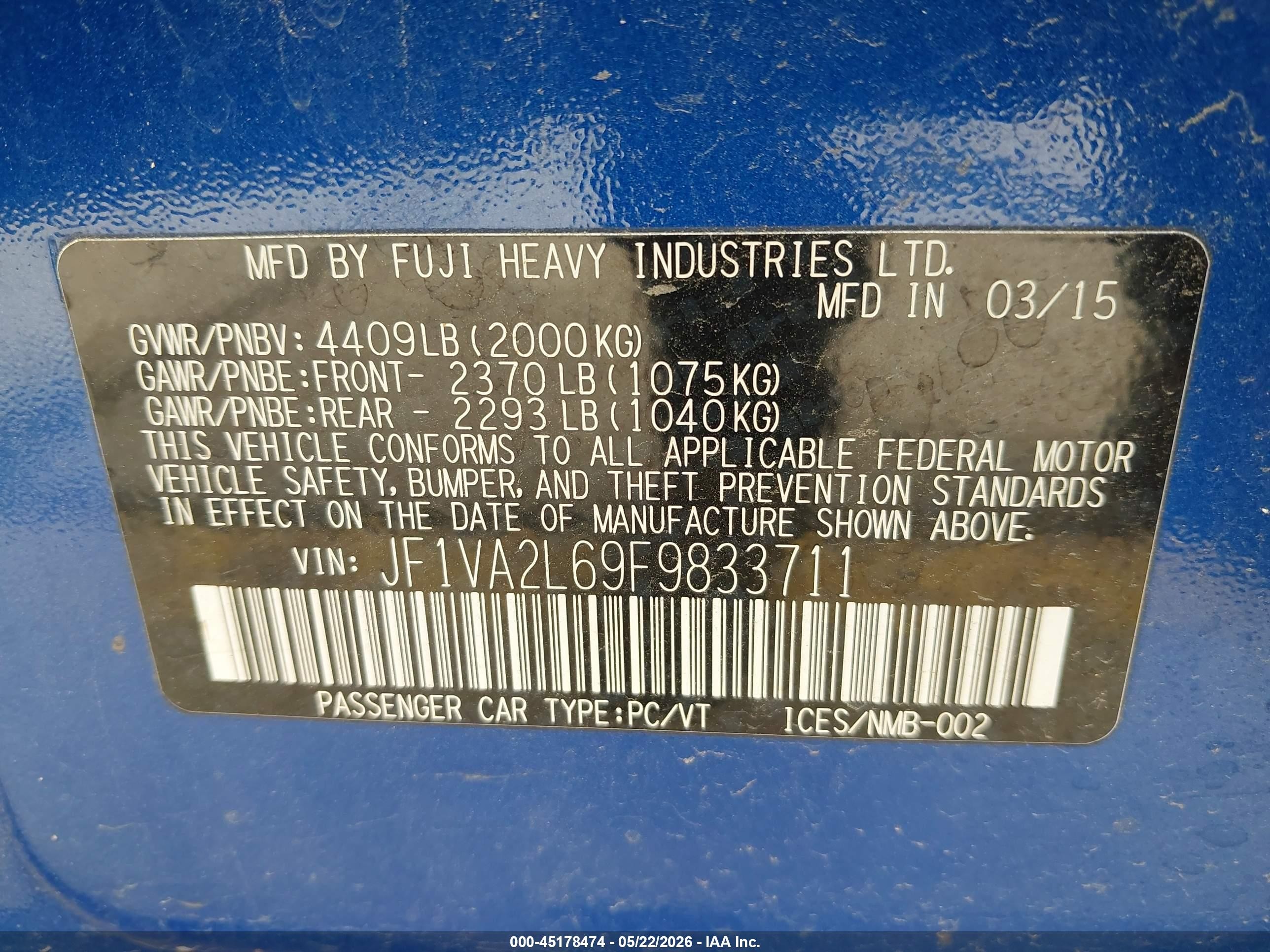 2015 Subaru Wrx Sti   Blue vin: JF1VA2L69F9833711