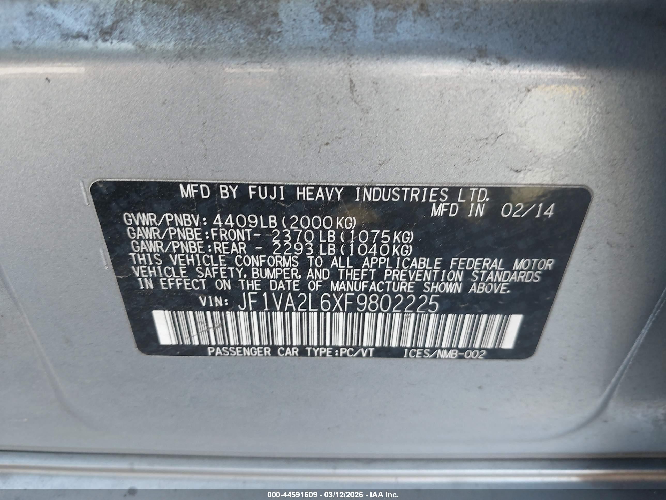 2015 Subaru Wrx Sti   Gray vin: JF1VA2L6XF9802225