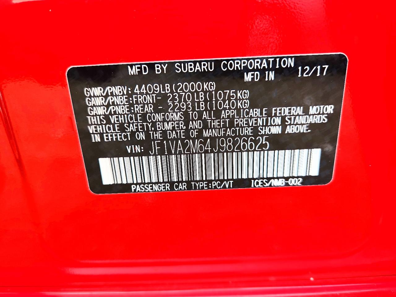 2018 Subaru Wrx Sti Red vin: JF1VA2M64J9826625