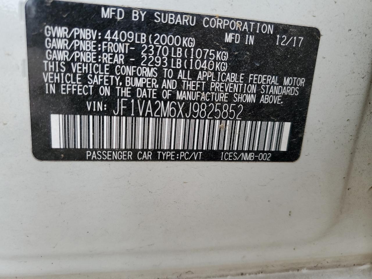 2018 Subaru Wrx Sti White vin: JF1VA2M6XJ9825852