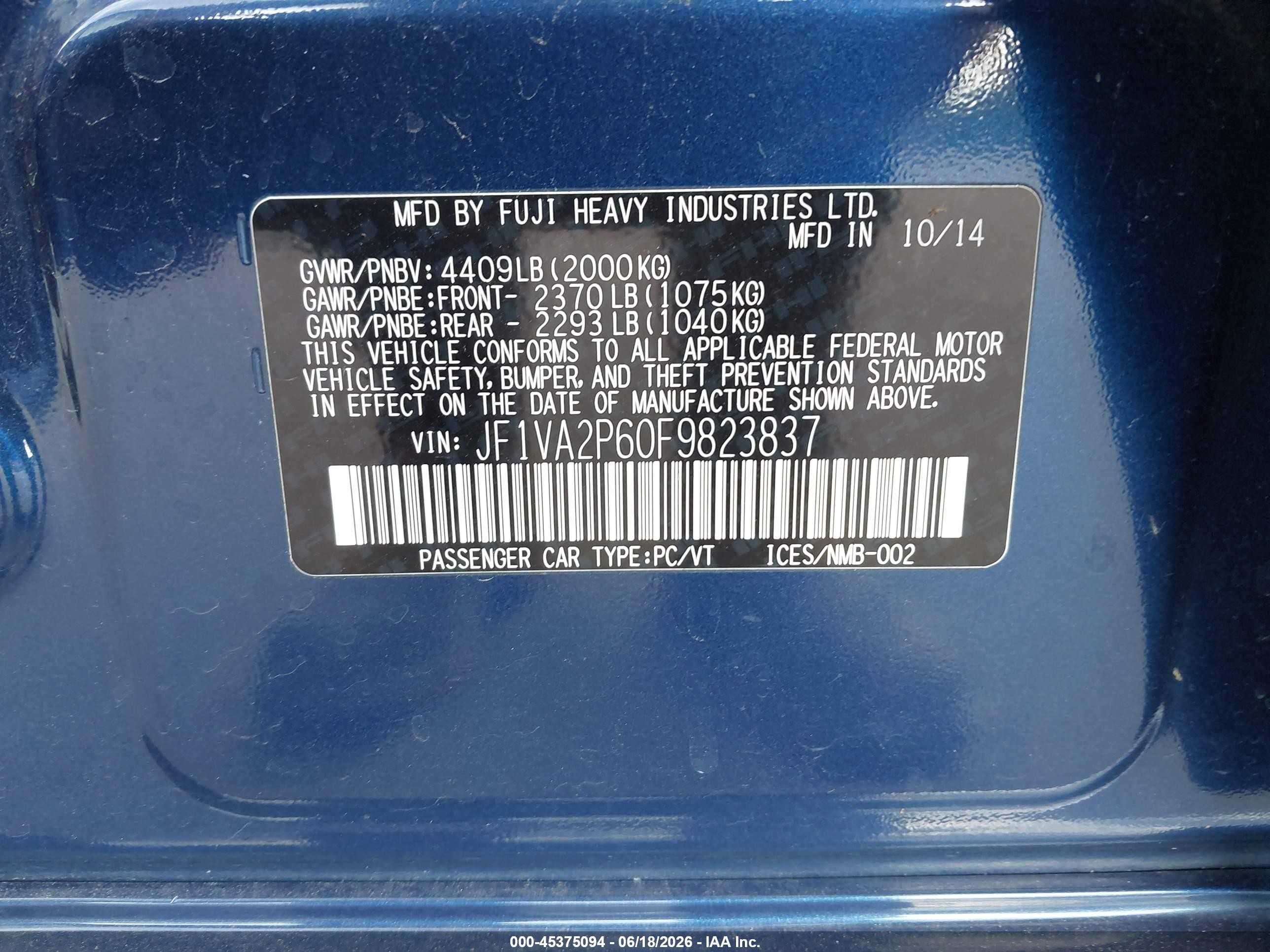 2015 Subaru Wrx Sti   Blue vin: JF1VA2P60F9823837