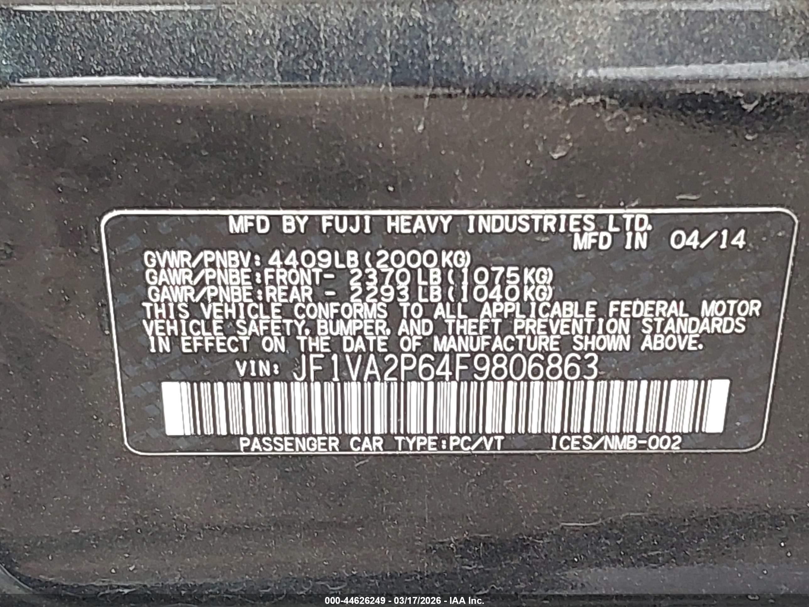 2015 Subaru Wrx Sti   Черный vin: JF1VA2P64F9806863
