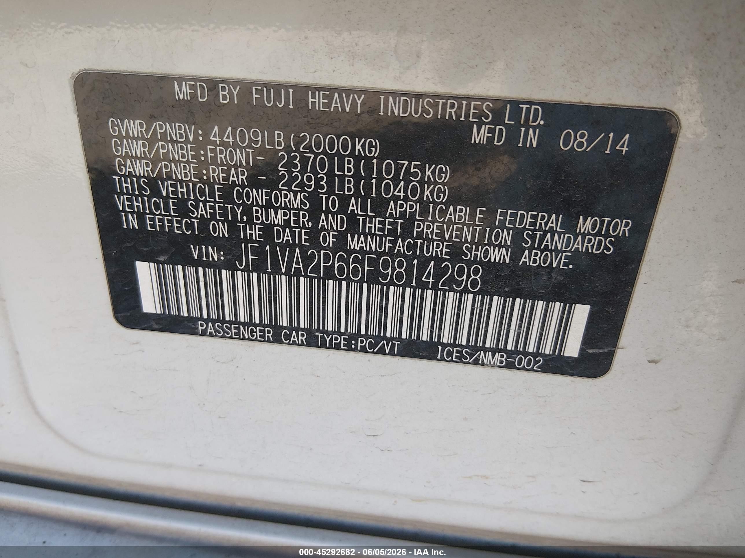 2015 Subaru Wrx Sti   White vin: JF1VA2P66F9814298