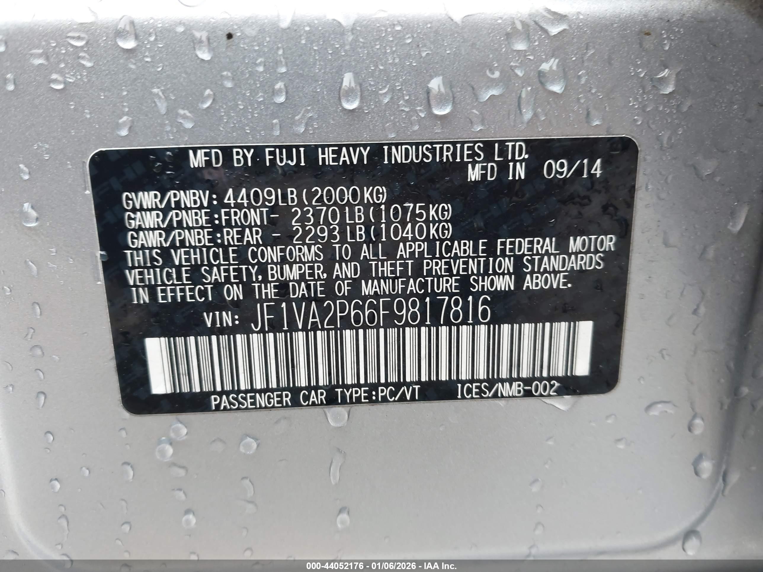 2015 Subaru Wrx Sti   White vin: JF1VA2P66F9817816