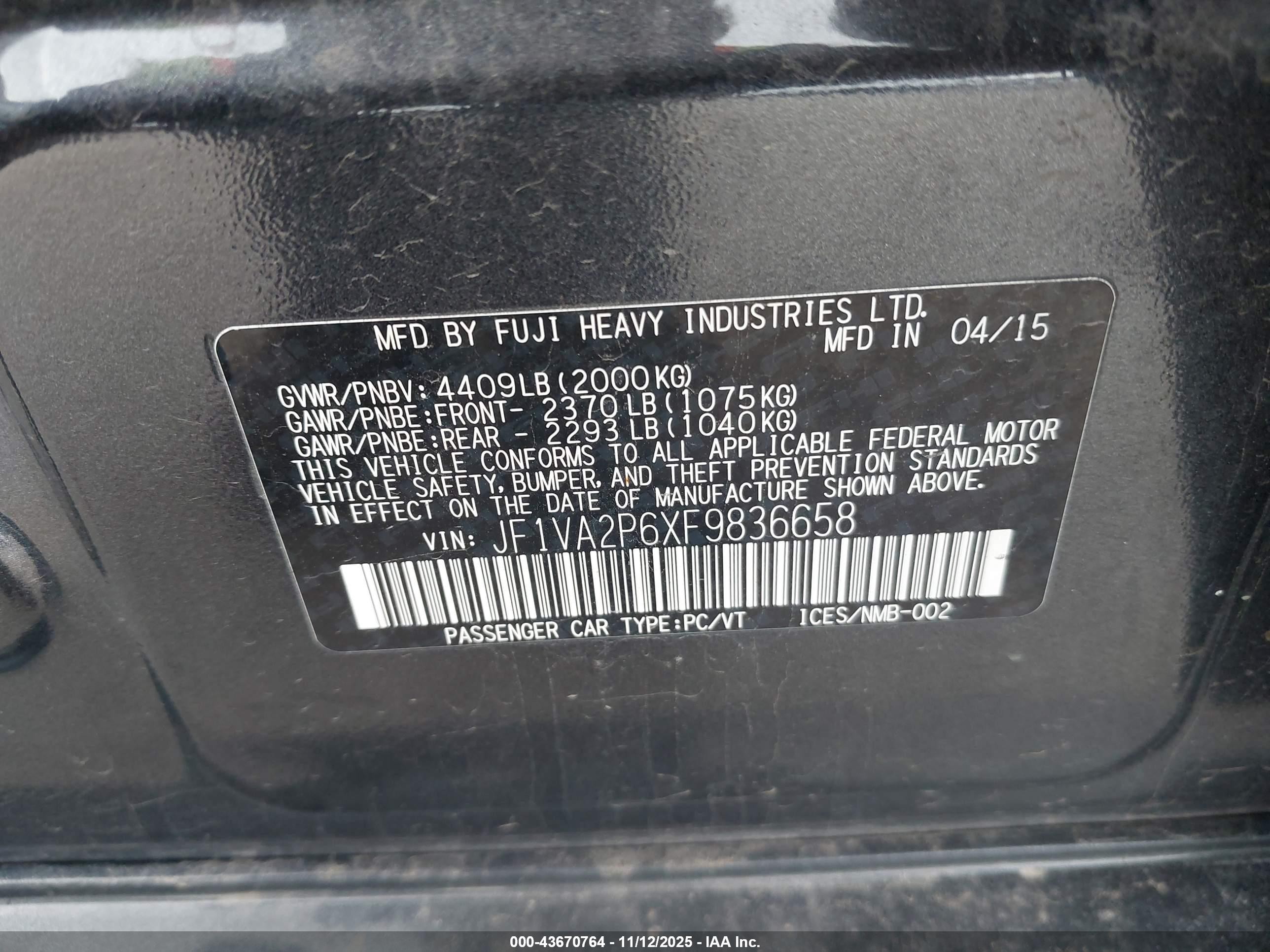 2015 Subaru Wrx Sti   Black vin: JF1VA2P6XF9836658