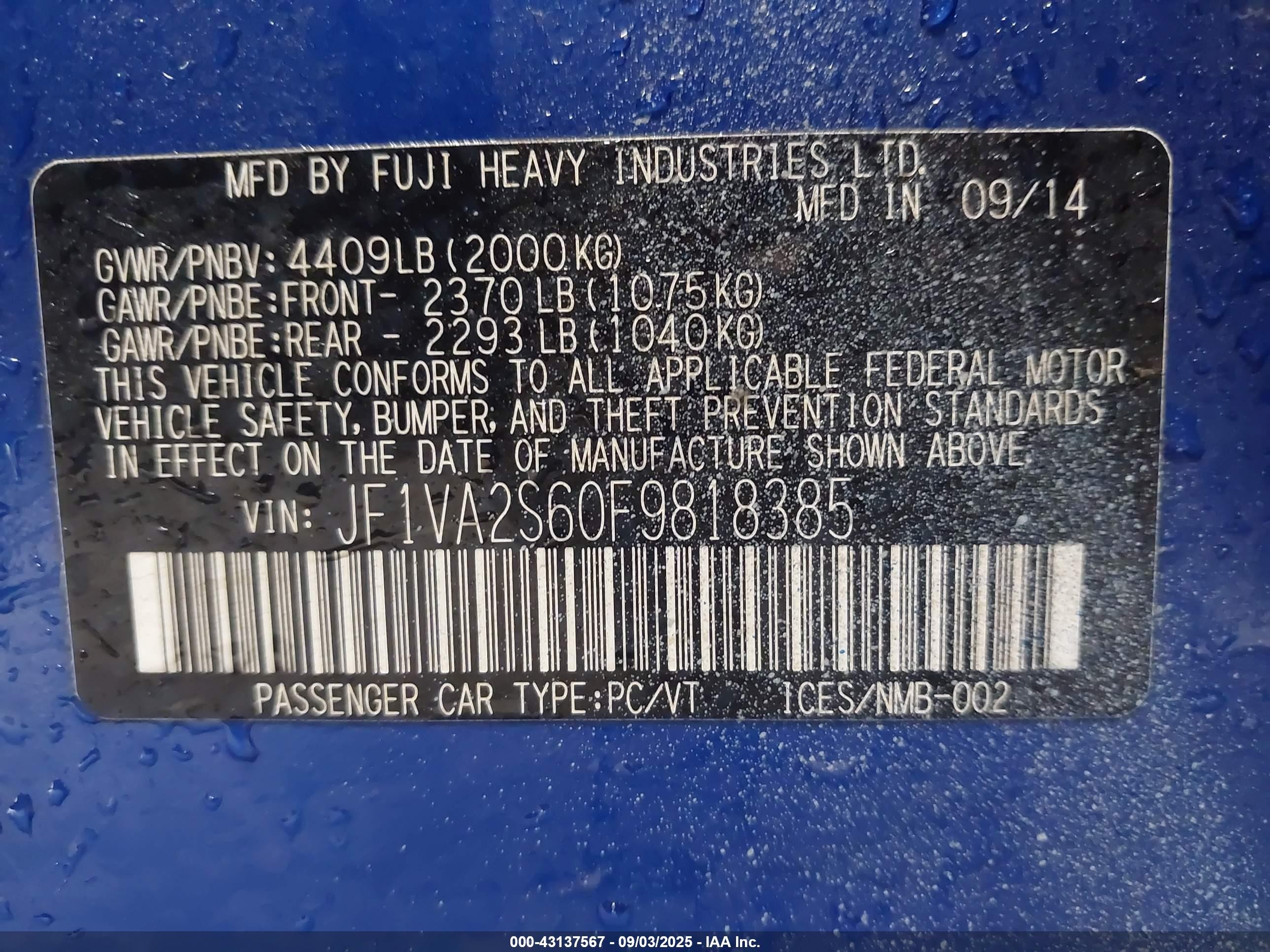 2015 Subaru Wrx Sti Limited Blue vin: JF1VA2S60F9818385