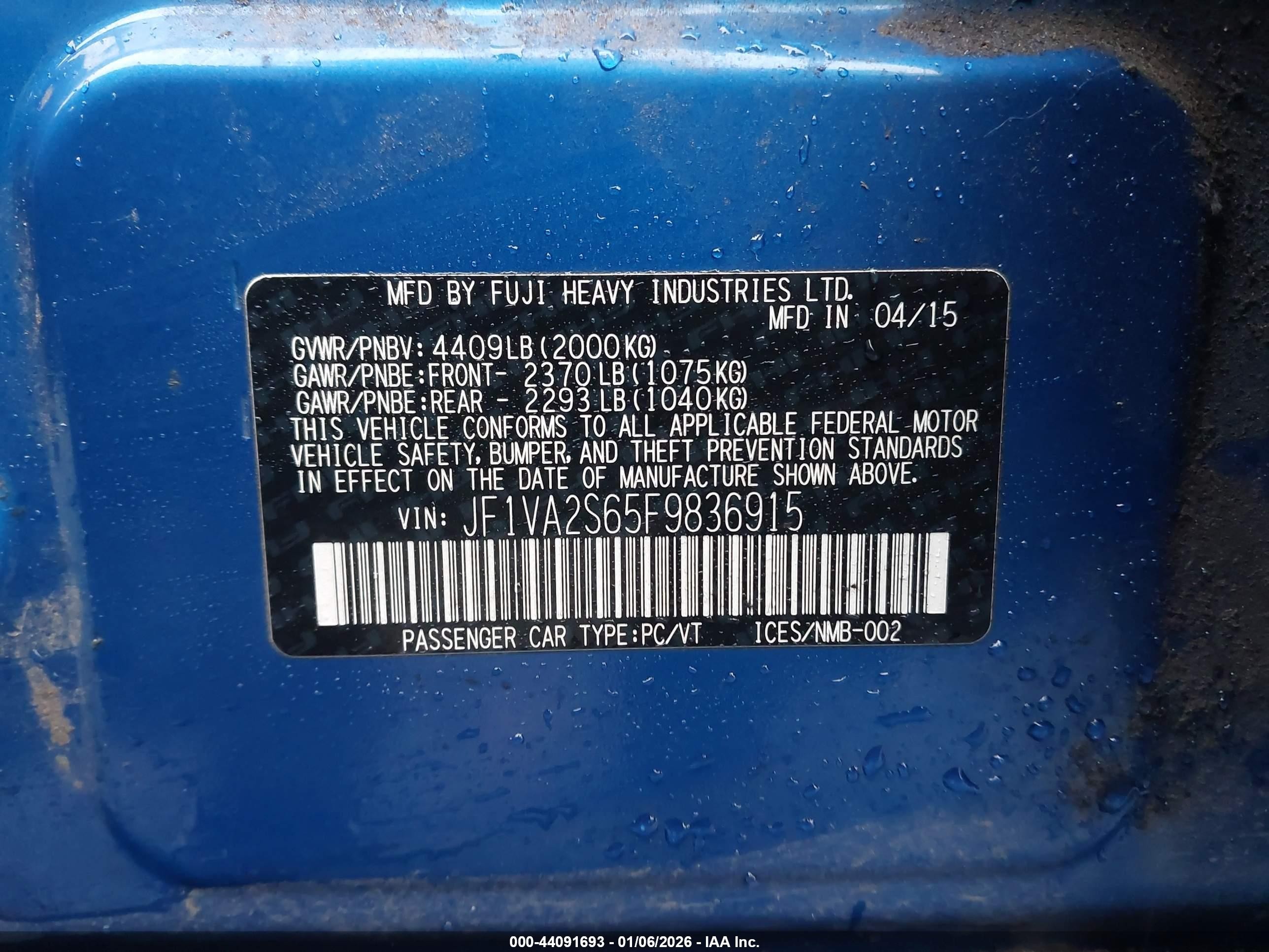 2015 Subaru Wrx Sti Limited Blue vin: JF1VA2S65F9836915