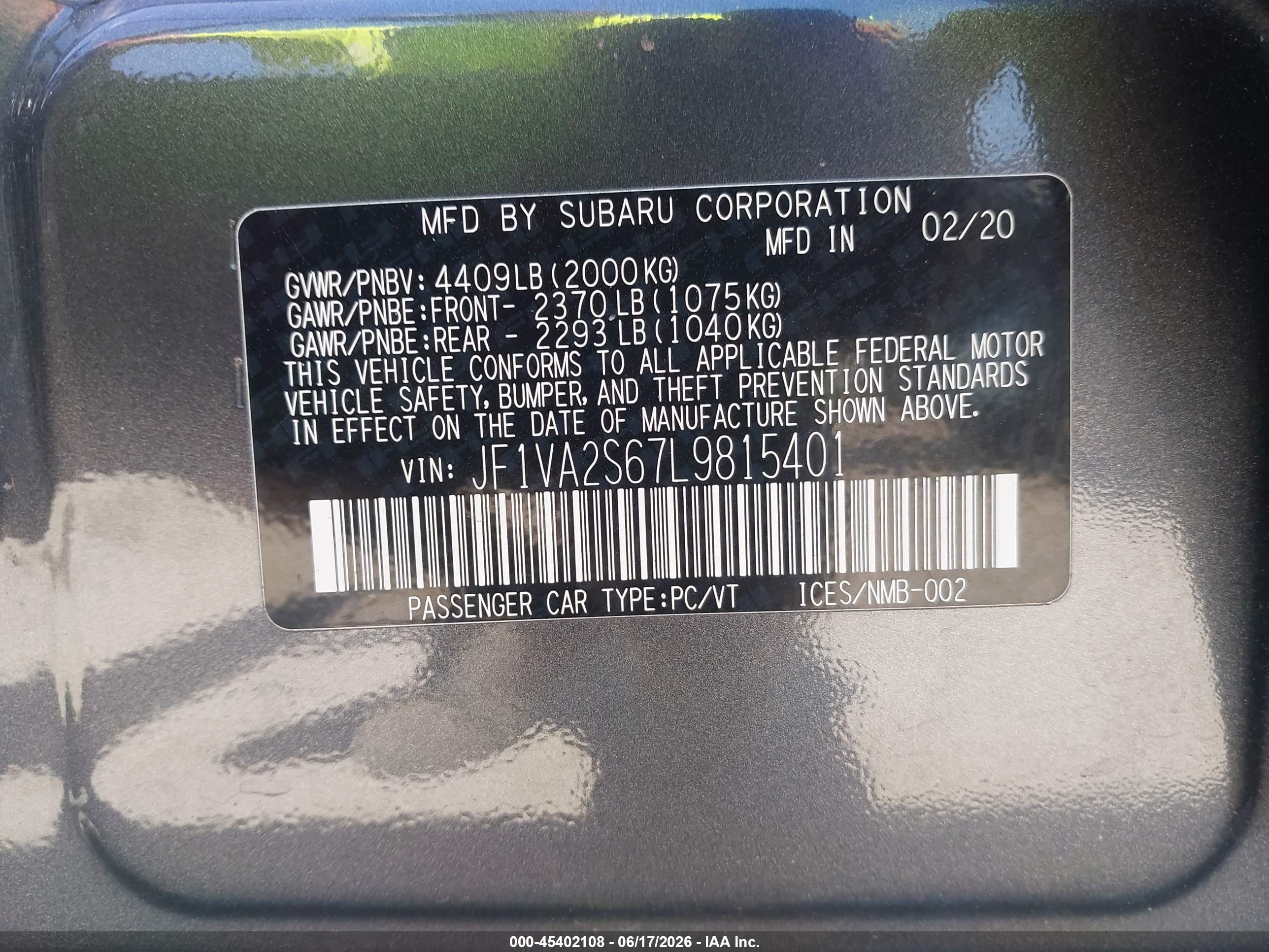 2020 Subaru Wrx Sti   Gray vin: JF1VA2S67L9815401