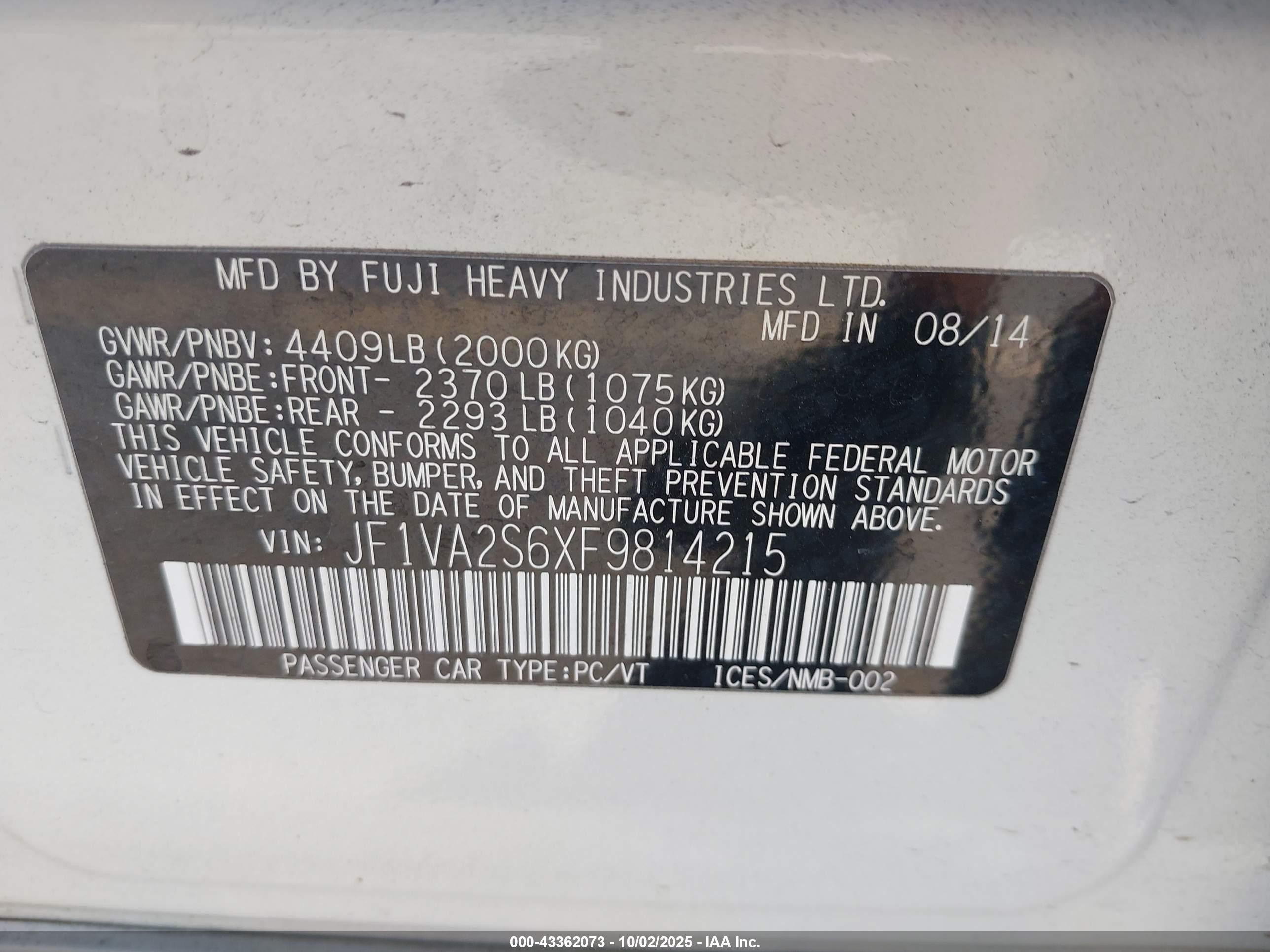 2015 Subaru Wrx Sti Limited White vin: JF1VA2S6XF9814215
