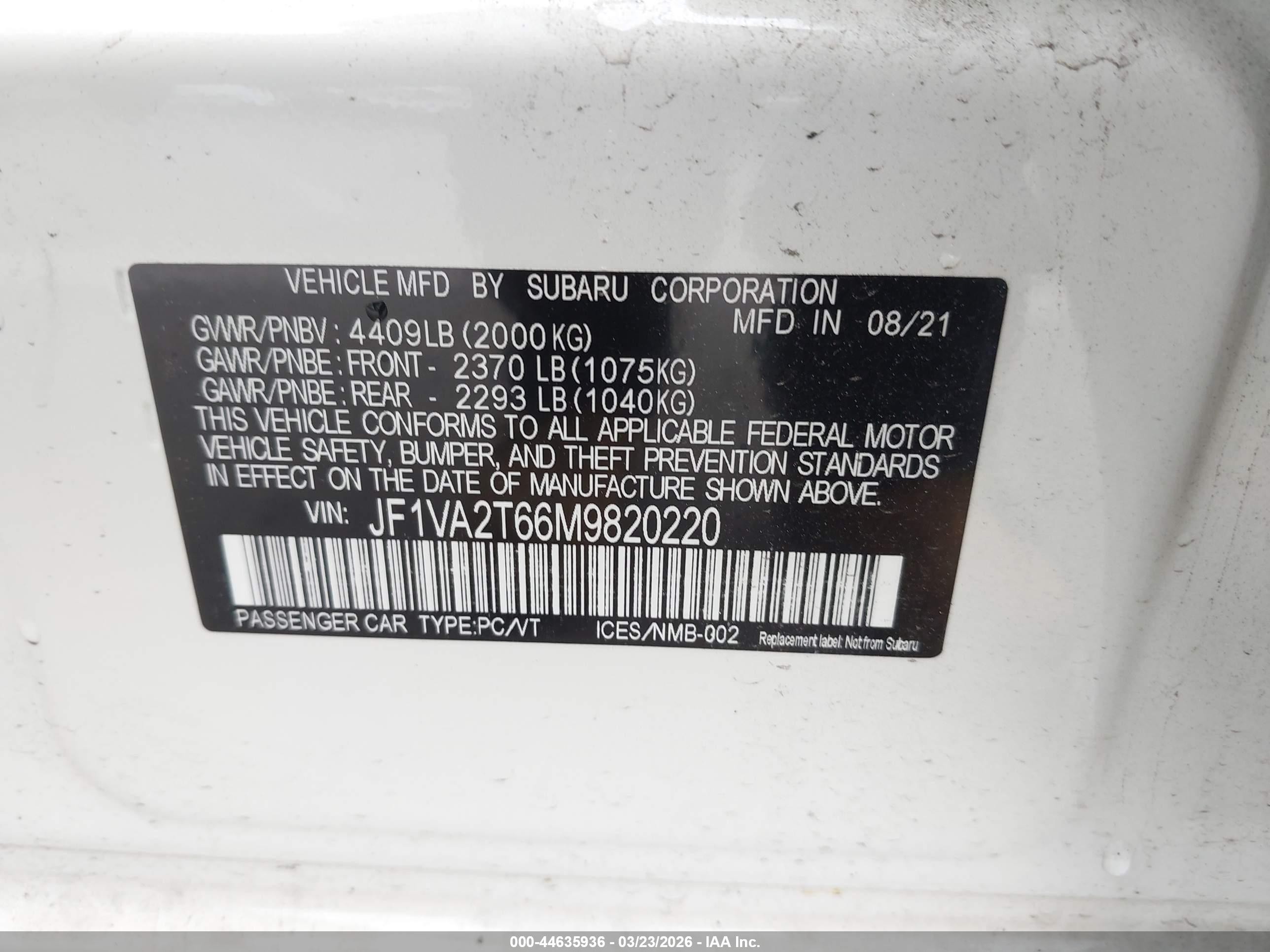 2021 Subaru Wrx Sti Limited White vin: JF1VA2T66M9820220