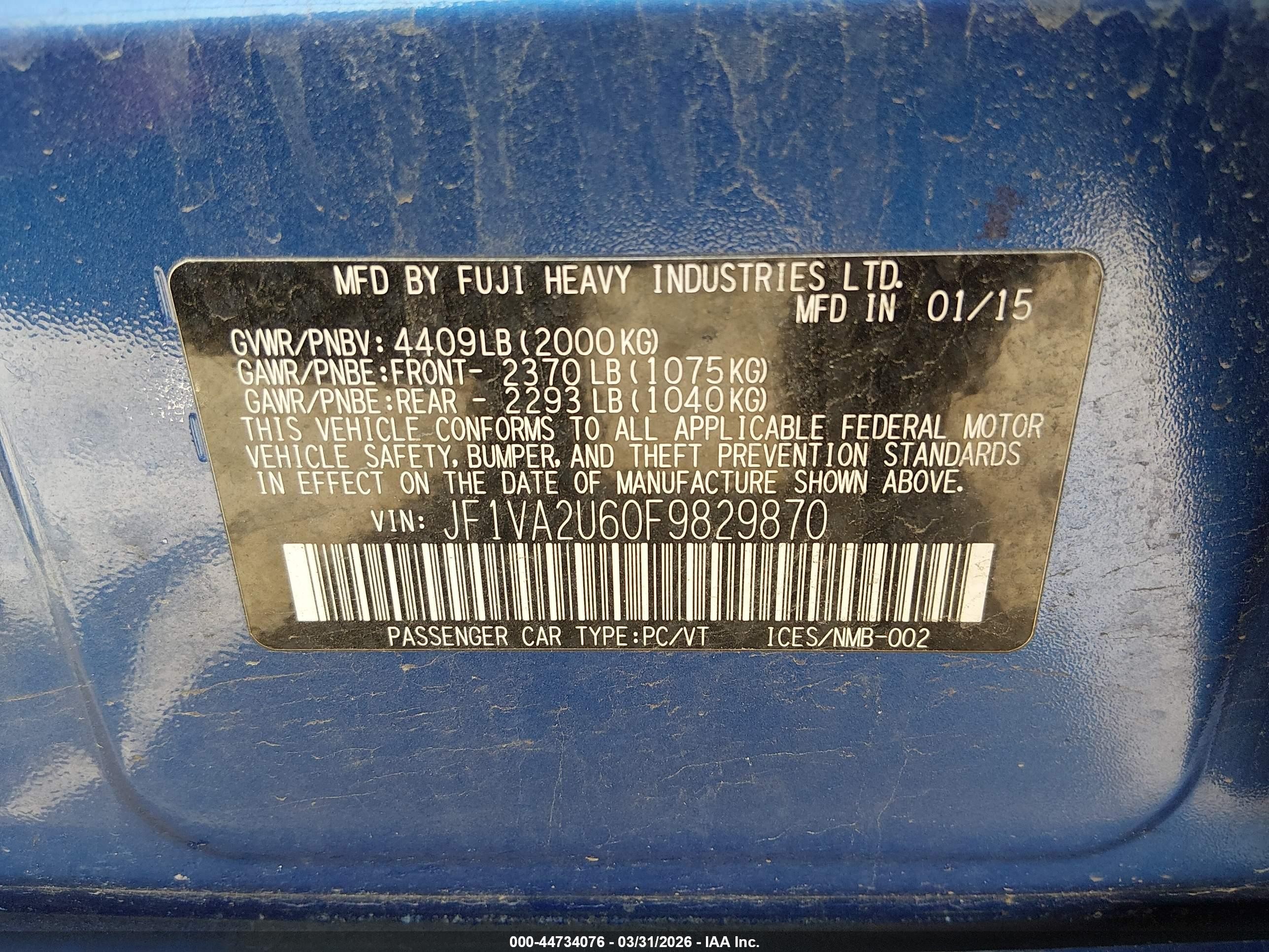 2015 Subaru Wrx Sti Limited Blue vin: JF1VA2U60F9829870