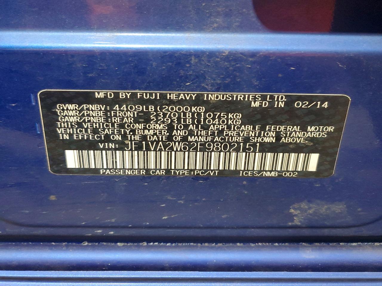 2015 Subaru Wrx Sti Launch Edition Blue vin: JF1VA2W62F9802151